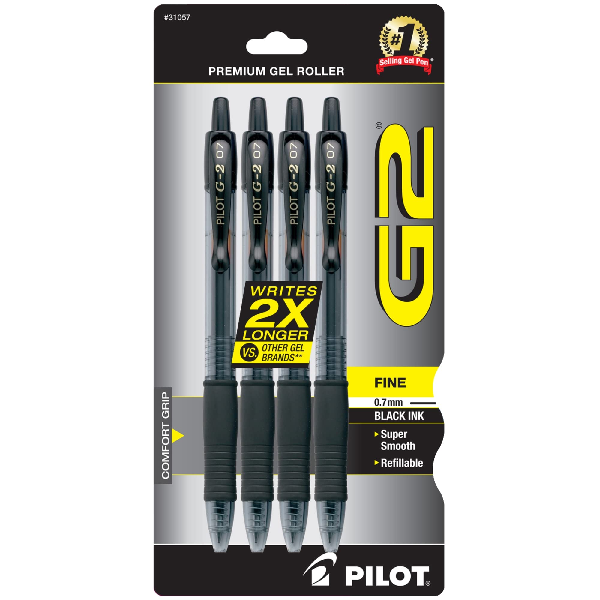 Pilot, G2 Premium Gel Roller Pens, Fine Point 0.7 Mm, Black, Pack Of 4