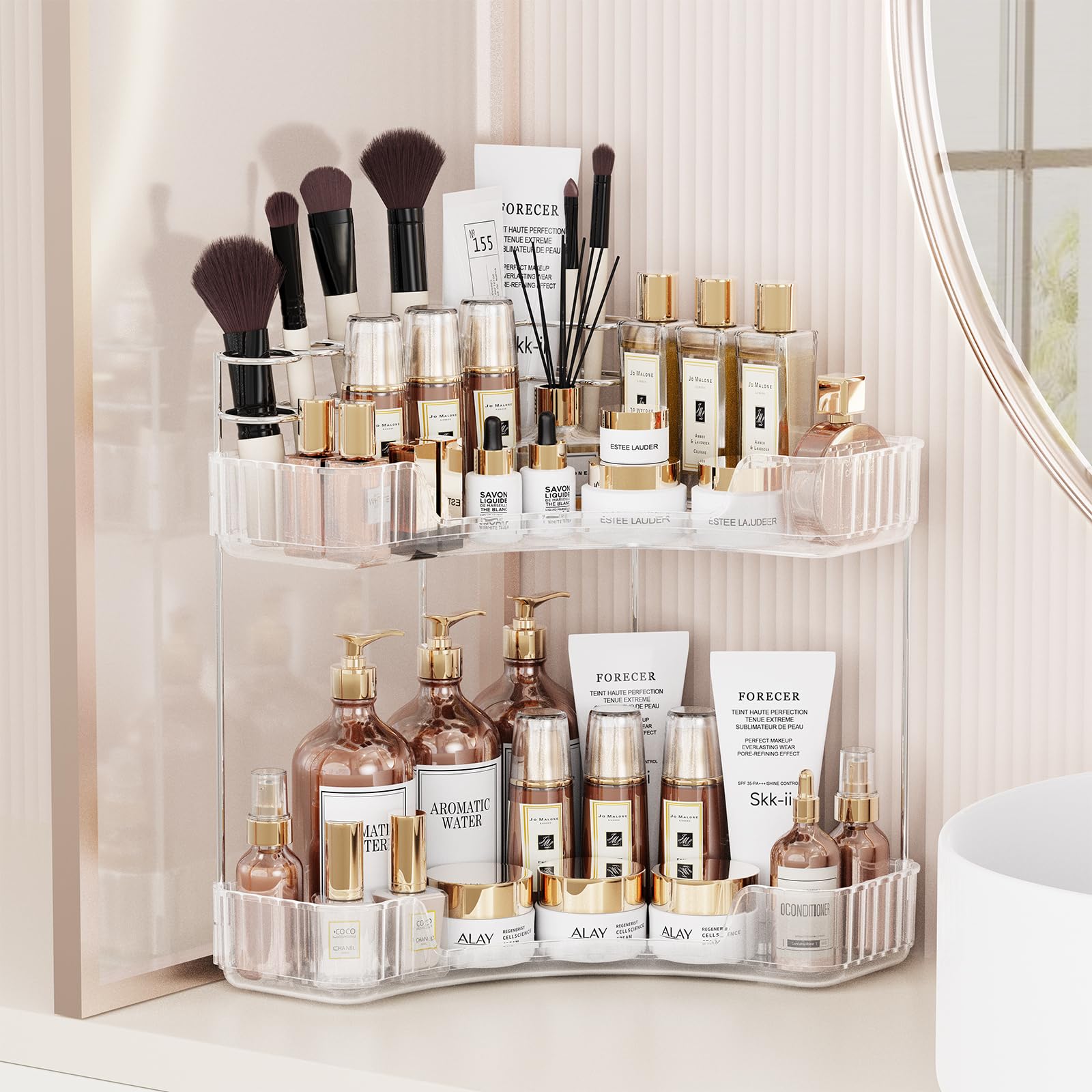 Asayuee 2-Tier Corner Bathroom Counter Organizer with Top Toothbrush Holders,Large Makeup Organizer Countertop with Brush Holder