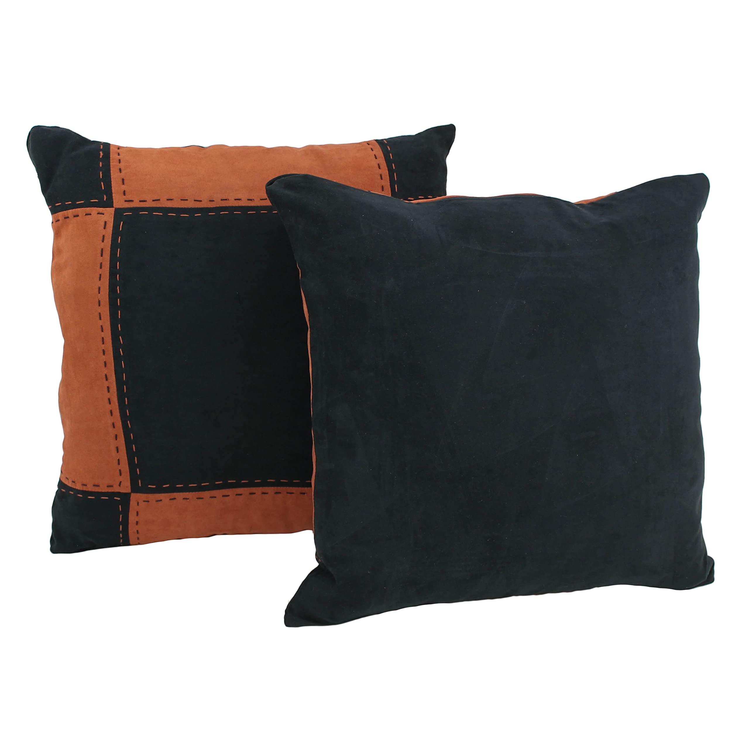 Blazing Needles 18-inch Patchwork Microsuede Square Throw Pillow, Black/Spice 2 Count
