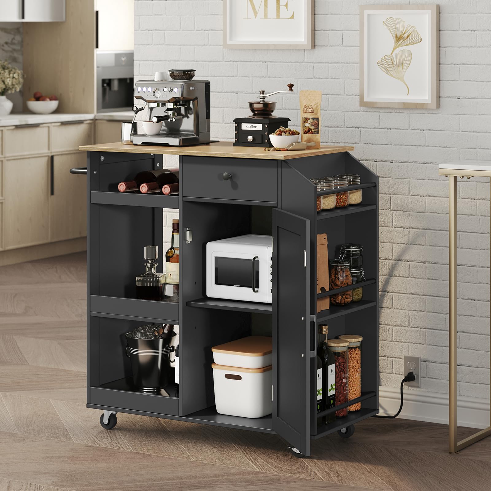 Mahancris Kitchen Island With Power Outlet, Kitchen Storage Island With Drawer, Spice Rack, Towel Rack, Wine Rack, Rolling Kitch