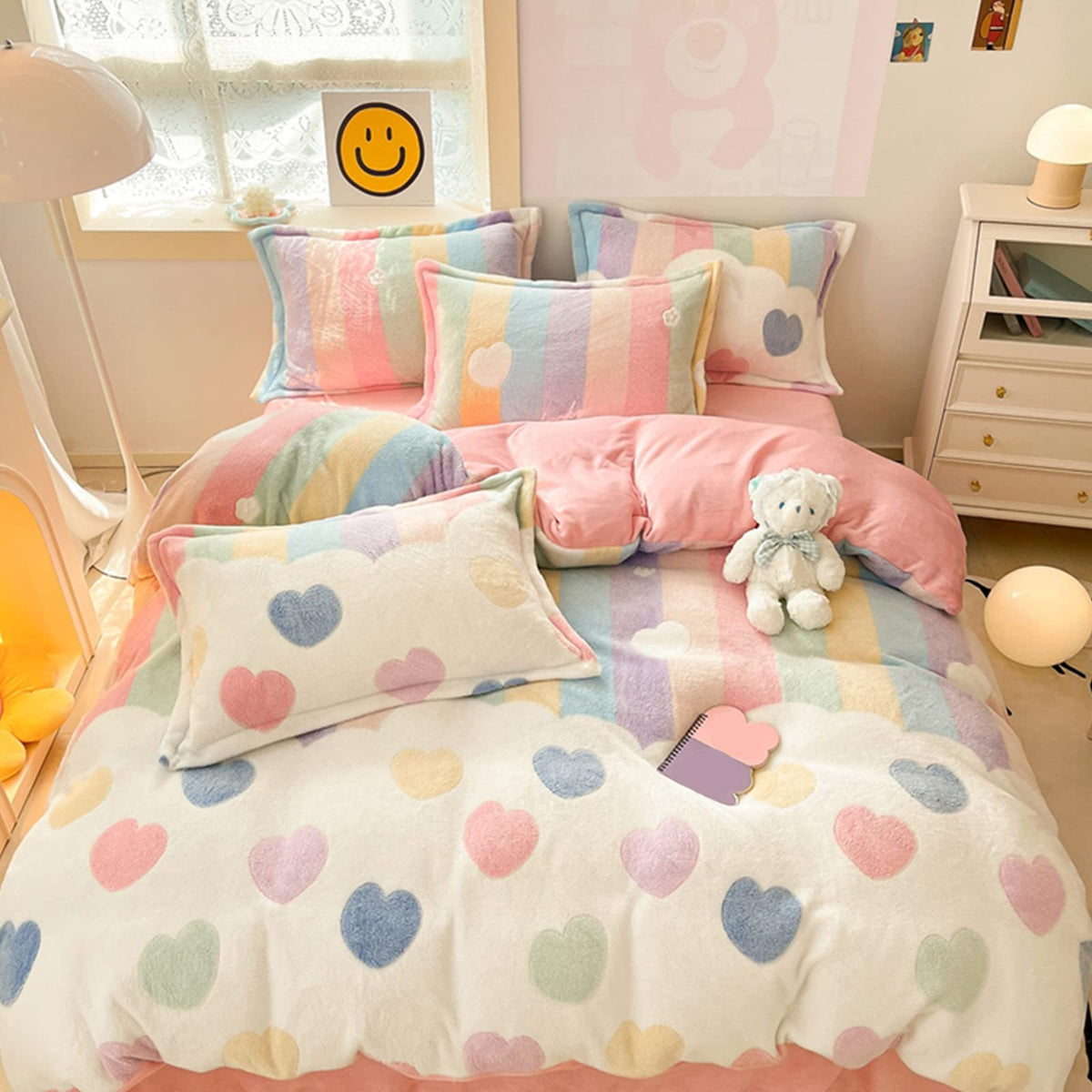 Morromorn Twin Bedding Sets, Pink Rainbow Duvet Cover Set, Fluffy Comforter Covers Blanket Ultra Soft Kawaii Cute For Girls Kids