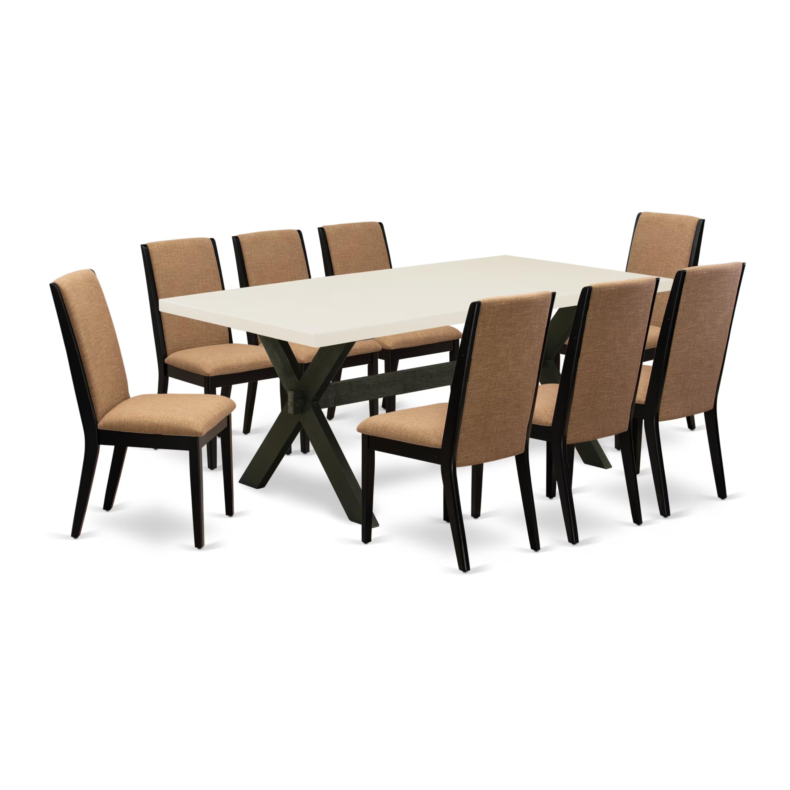 East West Furniture X627La147-9 9 Piece Dining Table Set Includes A Rectangle Kitchen Table With X-Legs And 8 Light Sable Linen Fabric Parson Dining Room Chairs, 40X72 Inch, Multi-Color