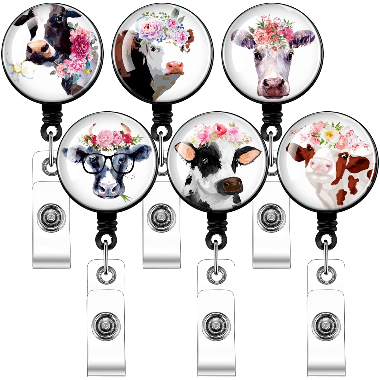 6 Pieces Cow Badge Reels Cute Retractable Badge Holder Nurse Badge Pulls With Clip Name Tag Reel Clips Funny Badge Clip For Name