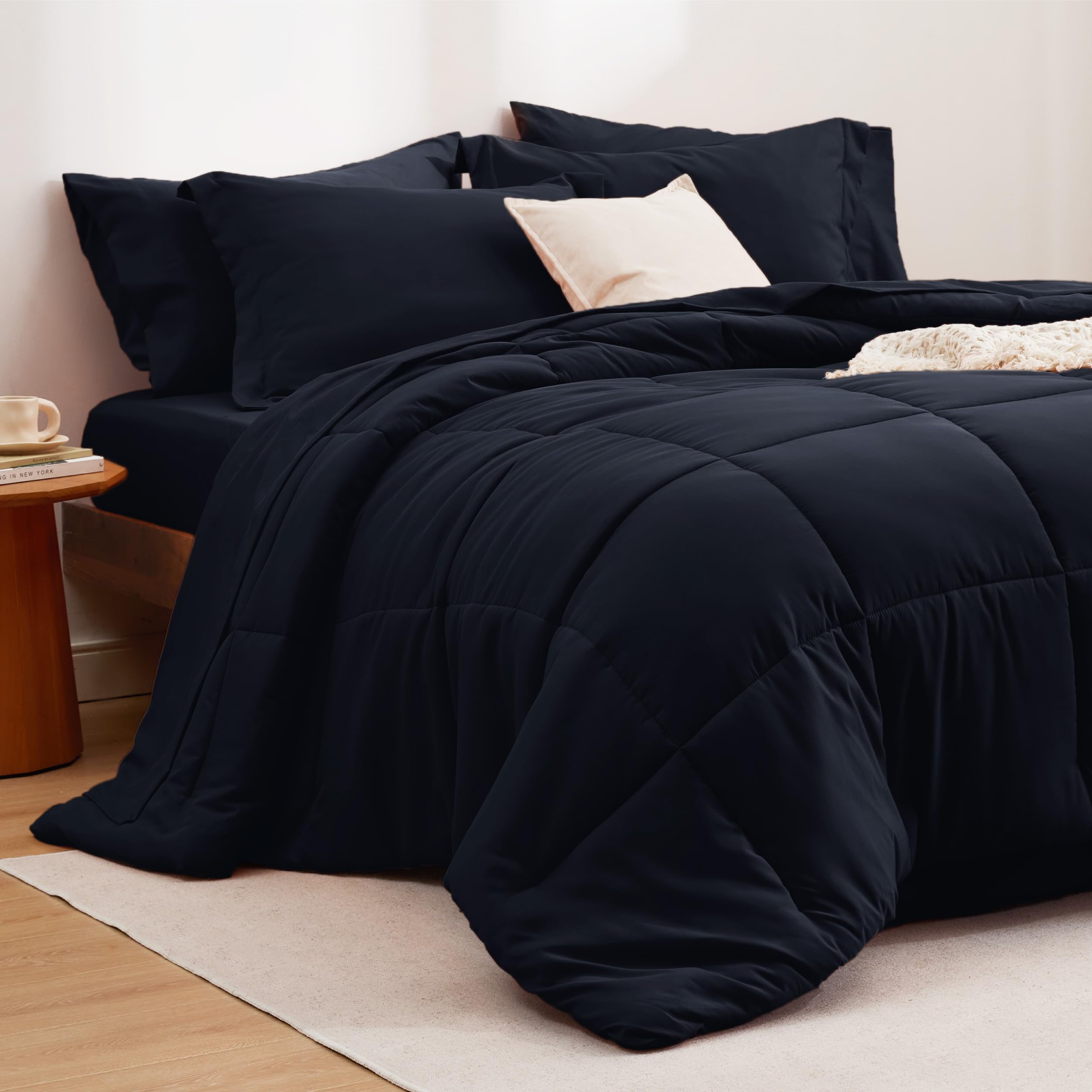 Bedsure Black Comforter Set Queen - 7 Pieces Solid Bed In A Bag, Queen Bed Set With Comforter, Sheets, Pillowcases & Shams