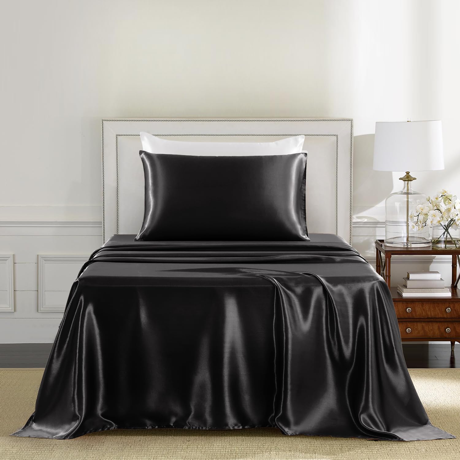 Golal Satin Sheets Twin Size - 3 Pieces Luxury Silky Soft Bed Sheets For Kids, Wrinkle-Free Black Satin Silk Sheet Set With 1 Deep Pocket Fitted Sheet, 1 Flat Sheet, 1 Pillow Case