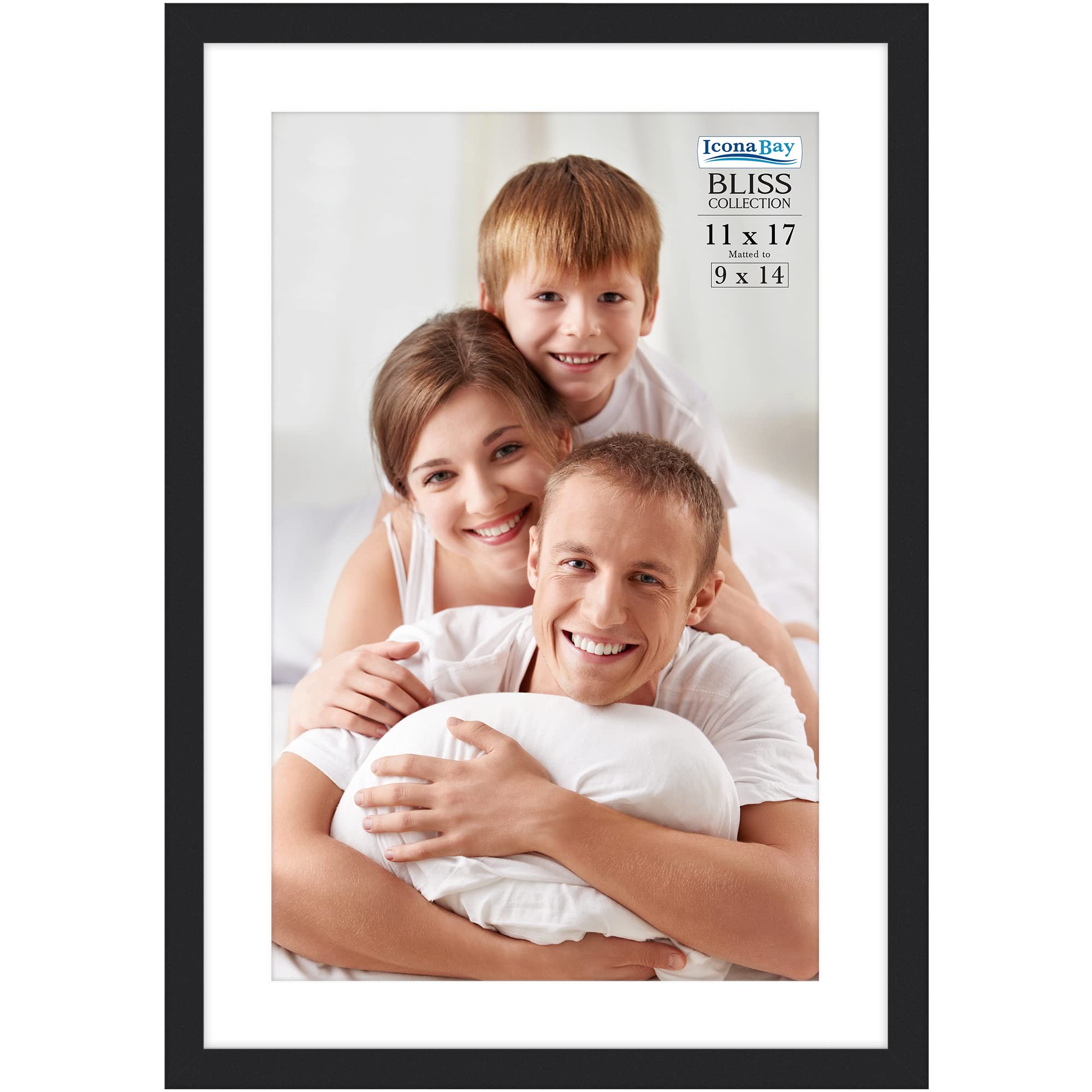 Icona Bay 11x17 Black Picture Frame Fits 16x10 Photos with Mat to 9x14 Image, Modern Style Wood Composite Poster Frame, Wall Mou