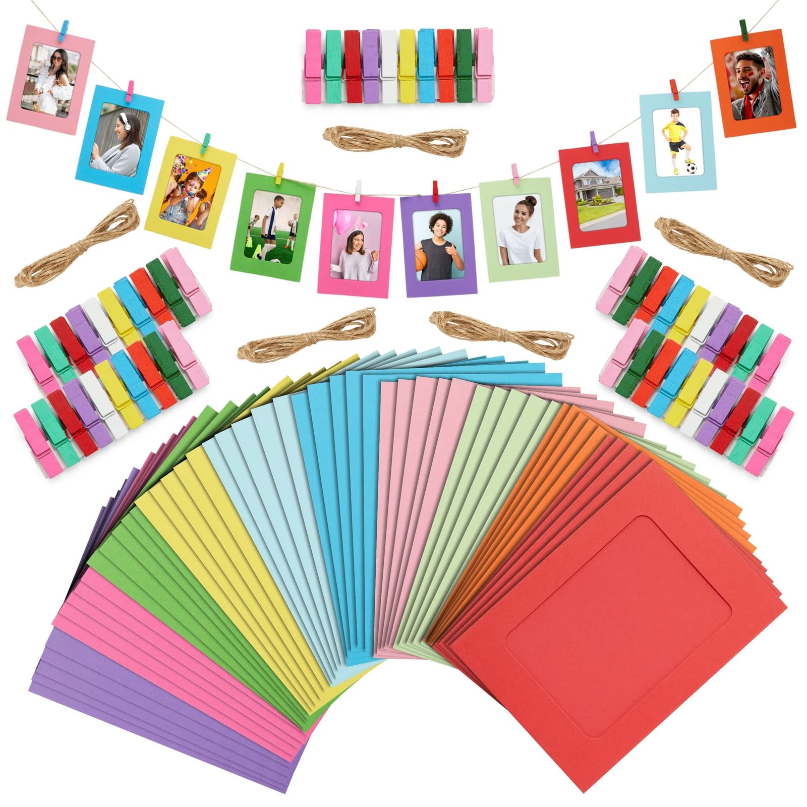 Juvale 50 Pack Paper Picture Frames 4x6, DIY Cardboard Photo Hanging Display with Clips and Strings for Wall Decor (10 Colors)