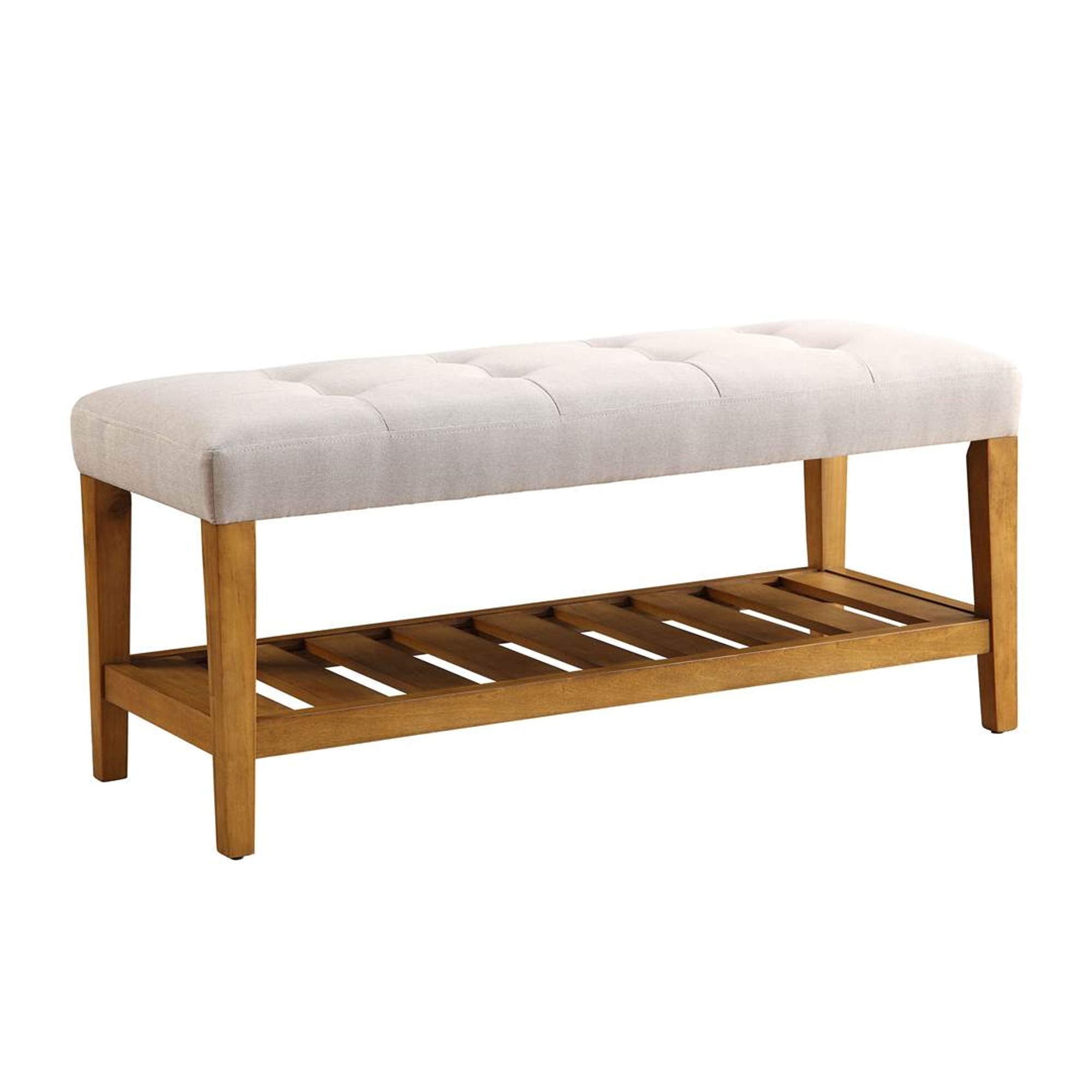 Benzara Tufted Wooden Bench, Gray And Brown