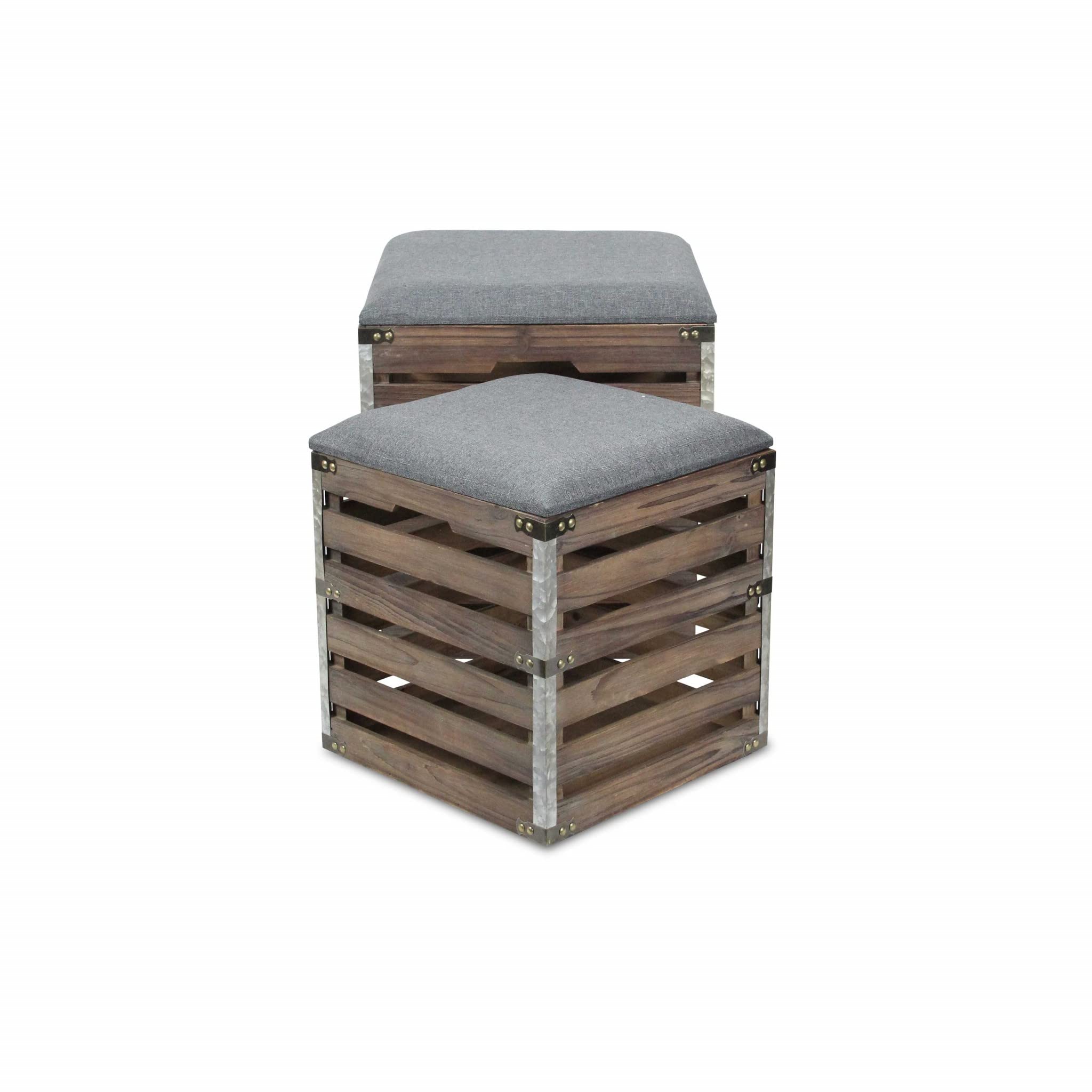 HomeRoots Brown Set of 2 Square Gray Linen Fabric and Wood Slats Storage Benches