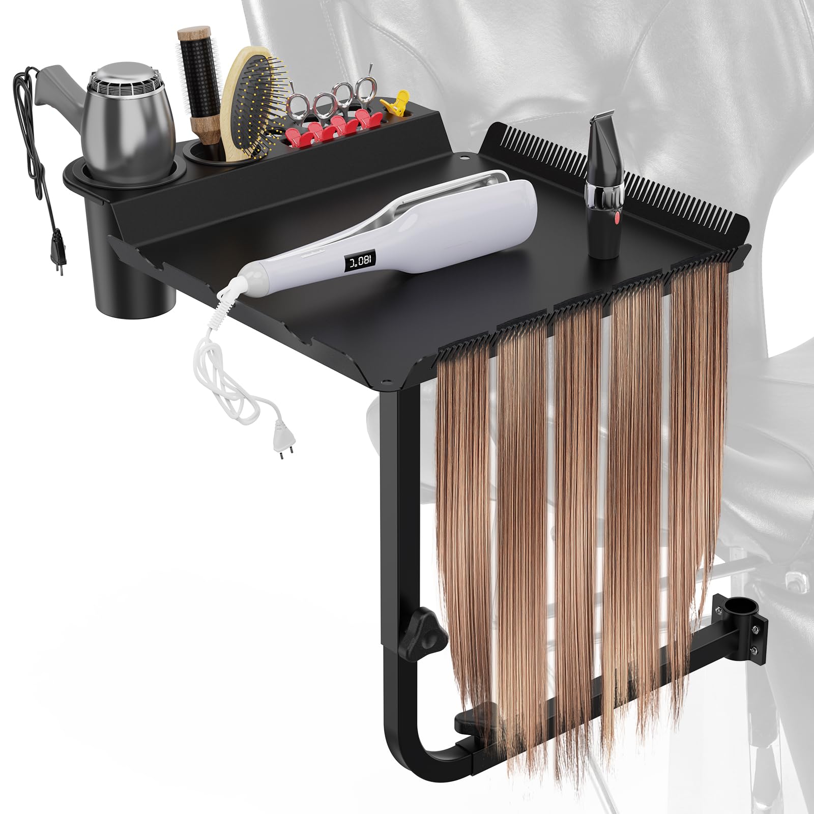 Hair Extension Tool Tray, Metal Salon Tray Attached To Chair, Styling Chair Tray With 360 Degree Rotation, Adjustable Hairstylis