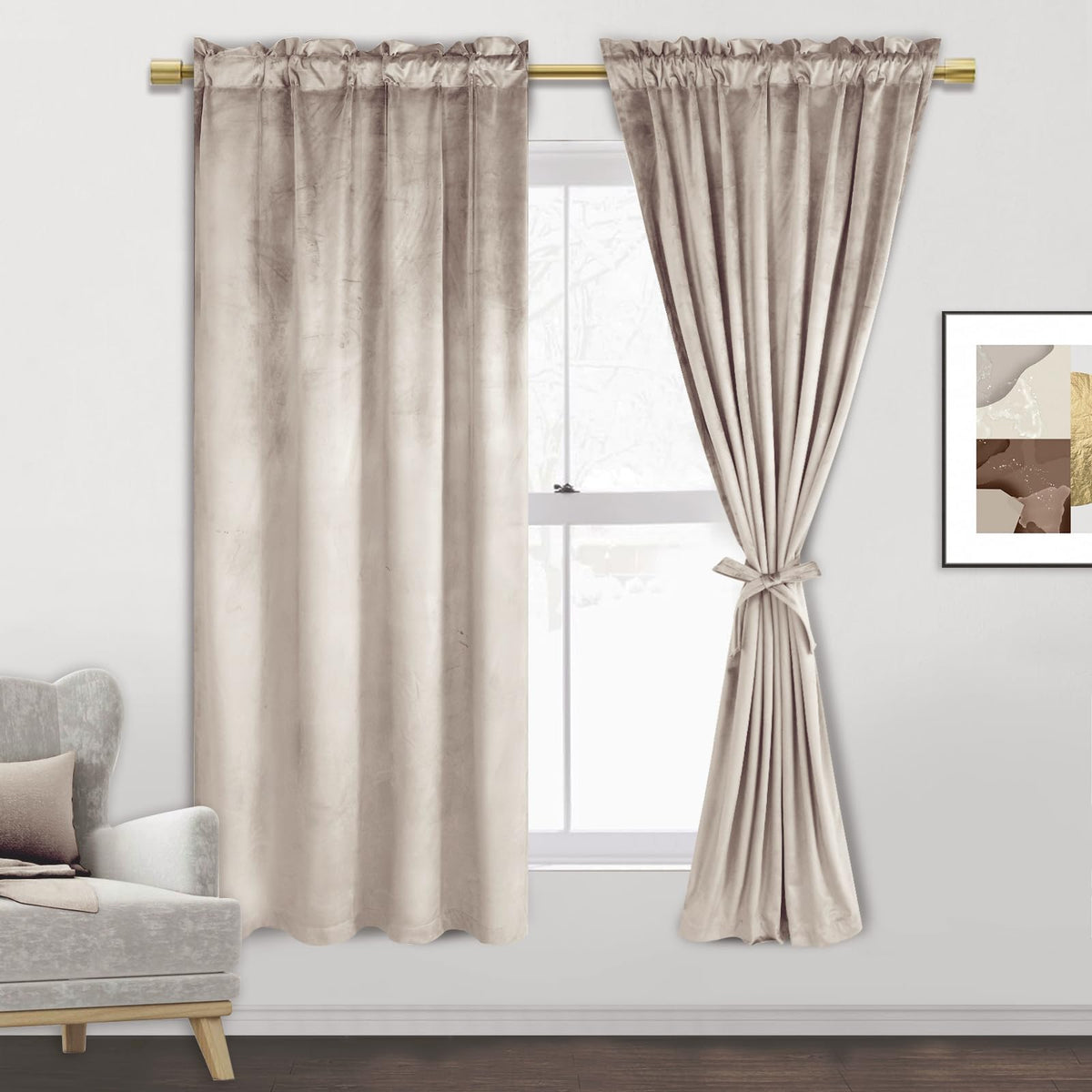 Jiuzhen Beige Velvet Curtains 63 Inches For Living Room - Soft Retro Blackout Velvet Drapes Rod Pocket Room Darkening Thermal In