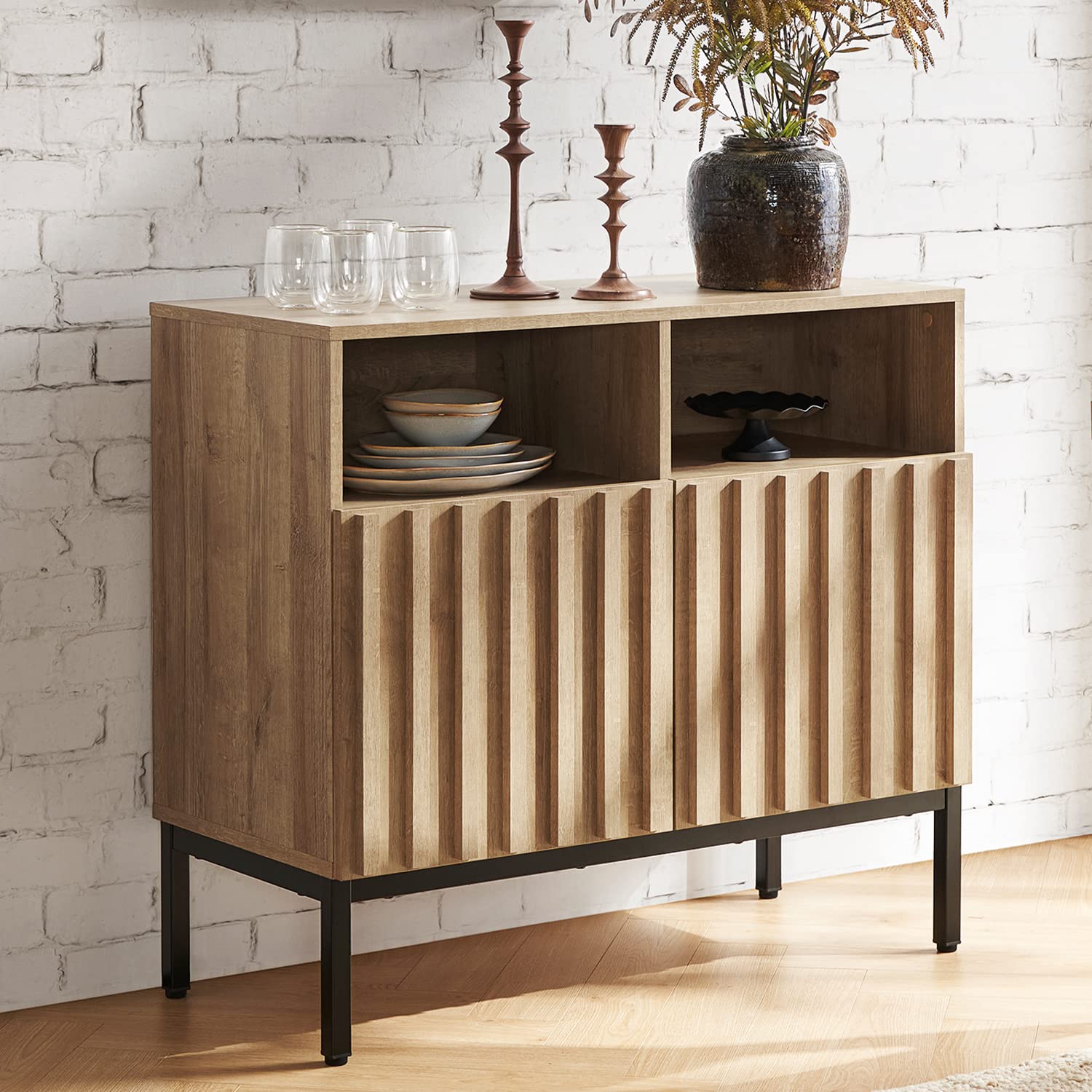 mopio Norwin Storage Cabinet, Modern Rustic Industrial Buffet Sideboard, Accent Console Credenza, Fluted Panel Doors, Adjustable