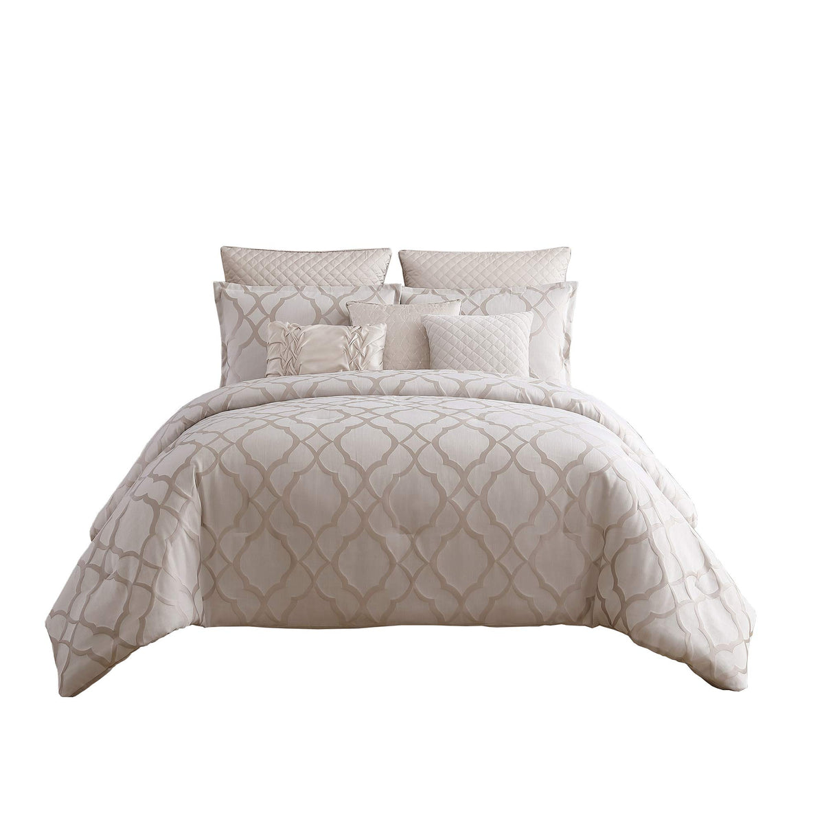 Benjara 10 Piece King Size Fabric Comforter Set with Quatrefoil Prints, White