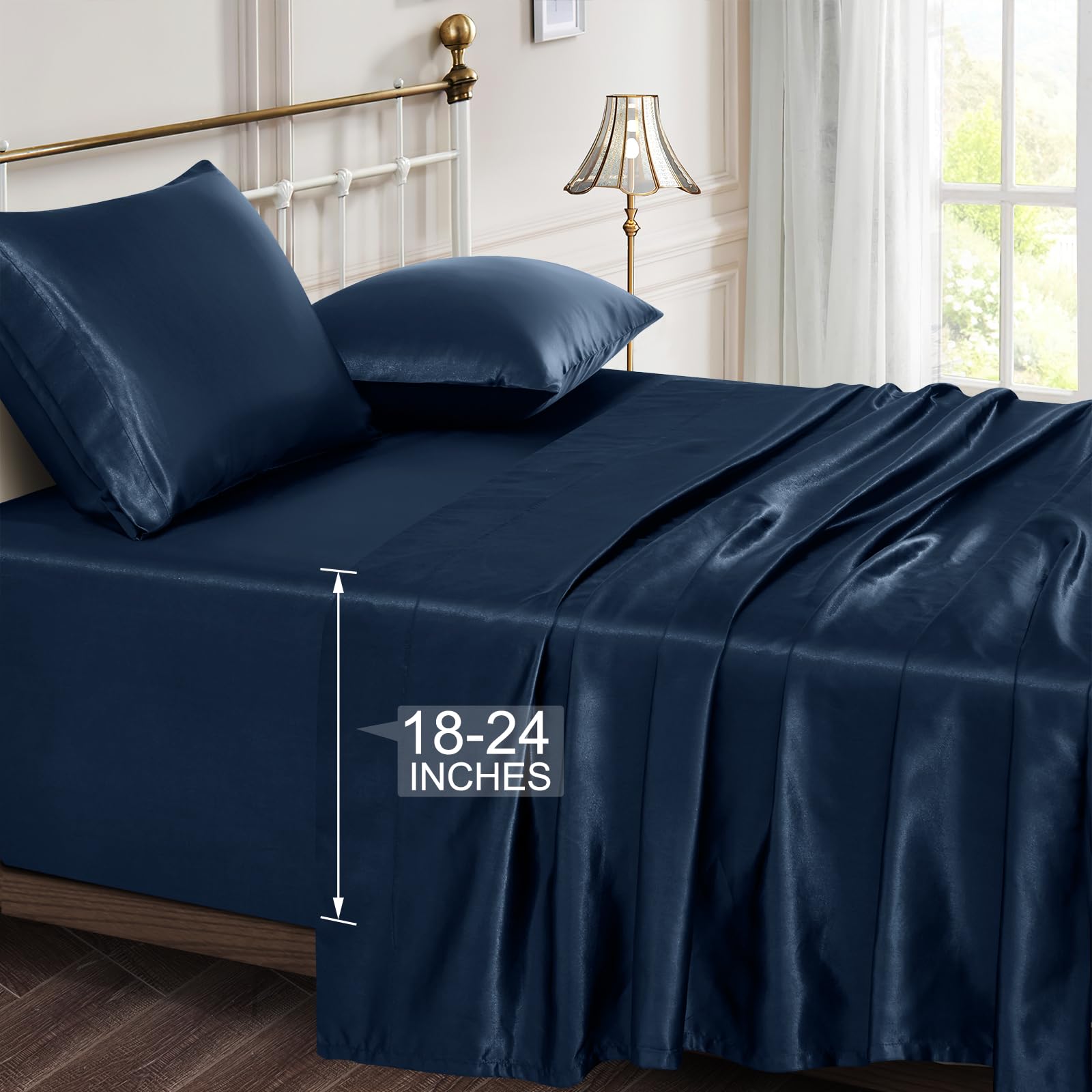 Vonty Satin Sheets Extra Deep Pocket King Size Sheets - Cooling & Silky Satin King Sheets Set with 18-24 Inch Deep Pocket, Navy 