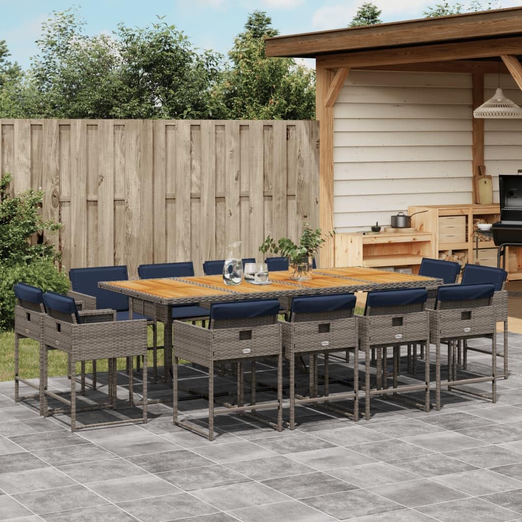 vidaXL 13 Piece Patio Dining Set with Cushions, Gray Poly Rattan, Acacia Wood Table, Navy Blue Washable Covers, Compact Storage