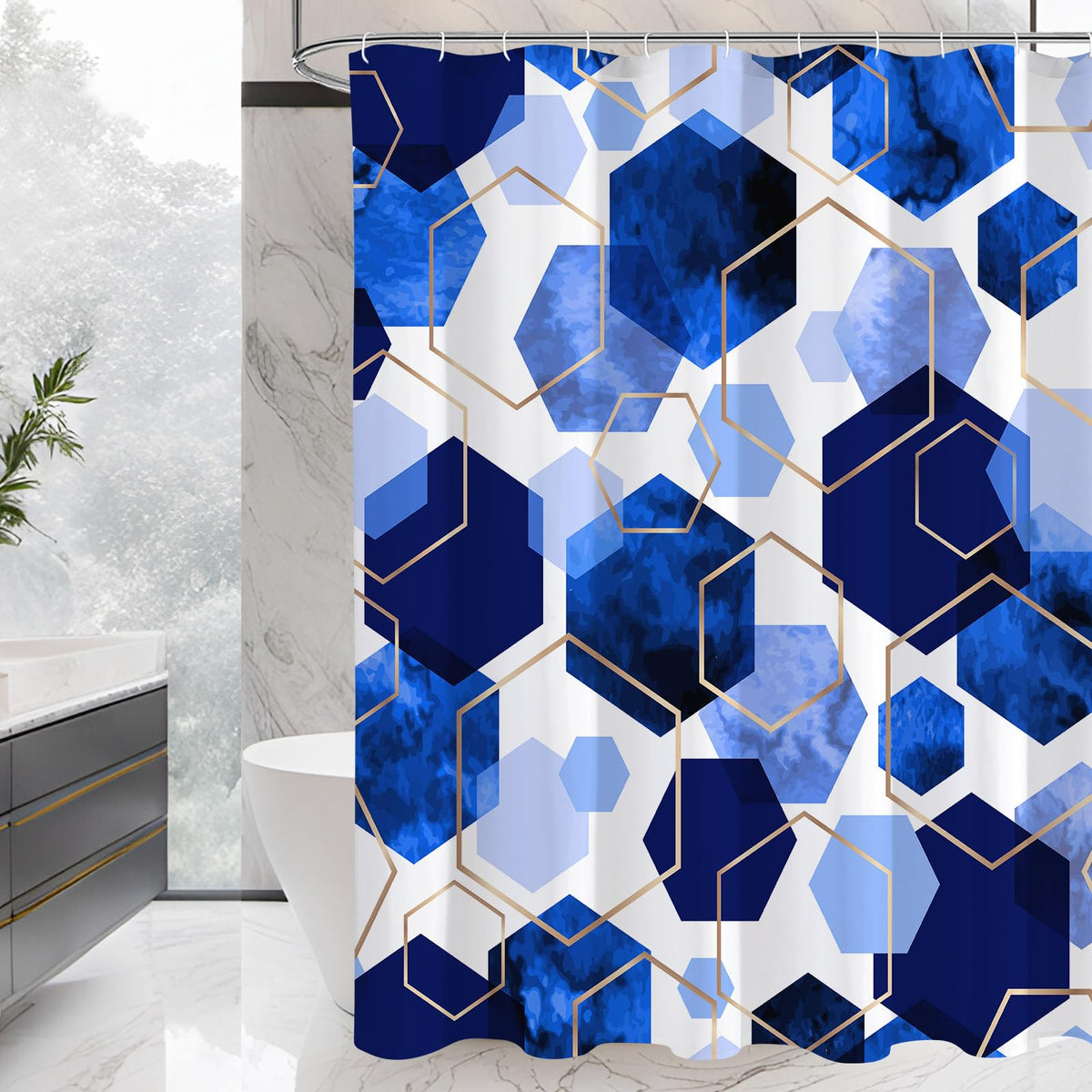 Litabel Royal Blue Modern Shower Curtain For Bathroom, Geometric Art Decor Waterproof Bath Curtain, Abstract Fabric Shower Curta
