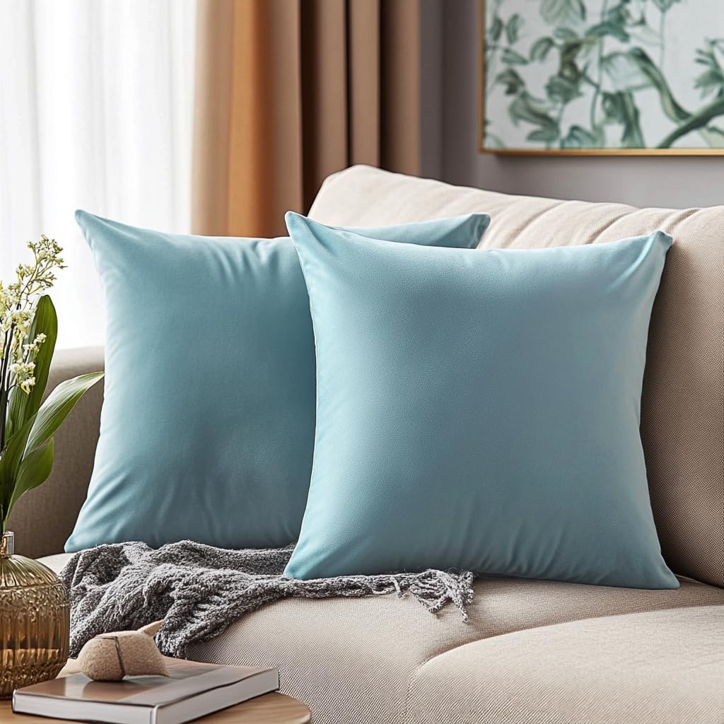 Quorgves Velvet Light Blue Throw Pillows 24X24 Inch Set Of 2 Spring Light Blue Pillow Covers For Sofa Couch Bedroom Soft Square