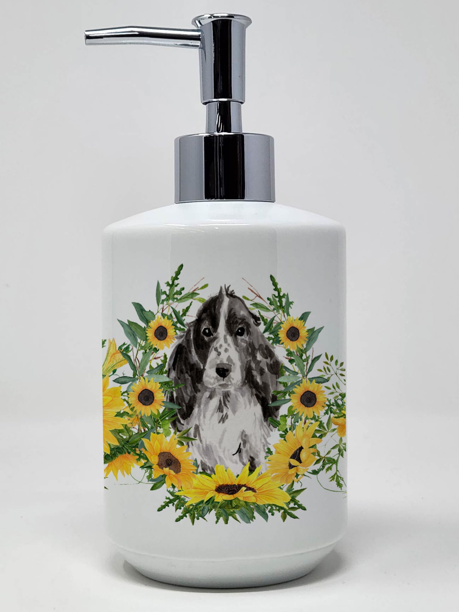 Caroline's Treasures CK2944SOAP Black Parti Cocker Spaniel in Sunflowers Ceramic Soap Dispenser Hand Soap Dispenser Pump Bottles