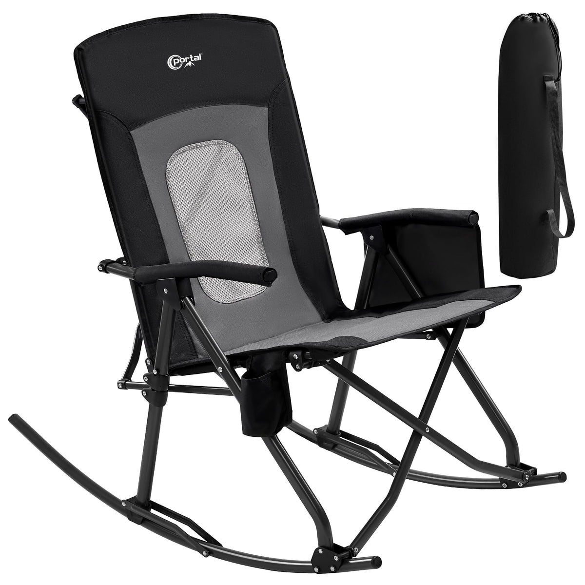 Portal Oversized Folding Rocking Camping Chair Portable Outdoor Rocker With High Back Hard Armrests Carry Bag, Supports 400 Lbs, Mesh Back, Black & Grey