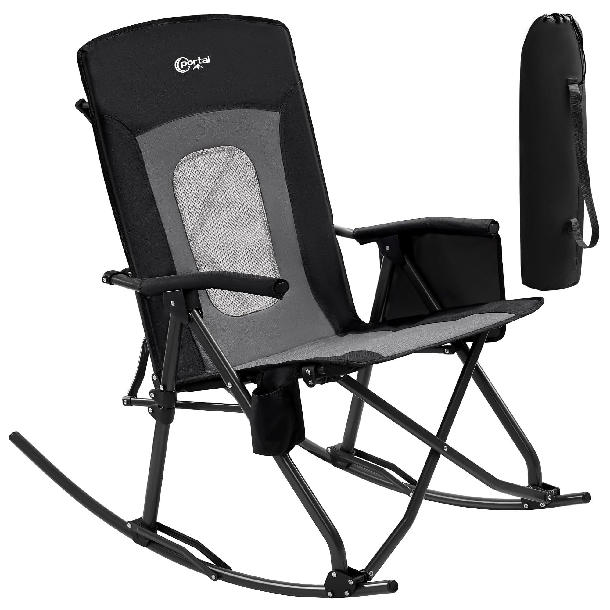 Portal Oversized Folding Rocking Camping Chair Portable Outdoor Rocker With High Back Hard Armrests Carry Bag, Supports 400 Lbs, Mesh Back, Black & Grey