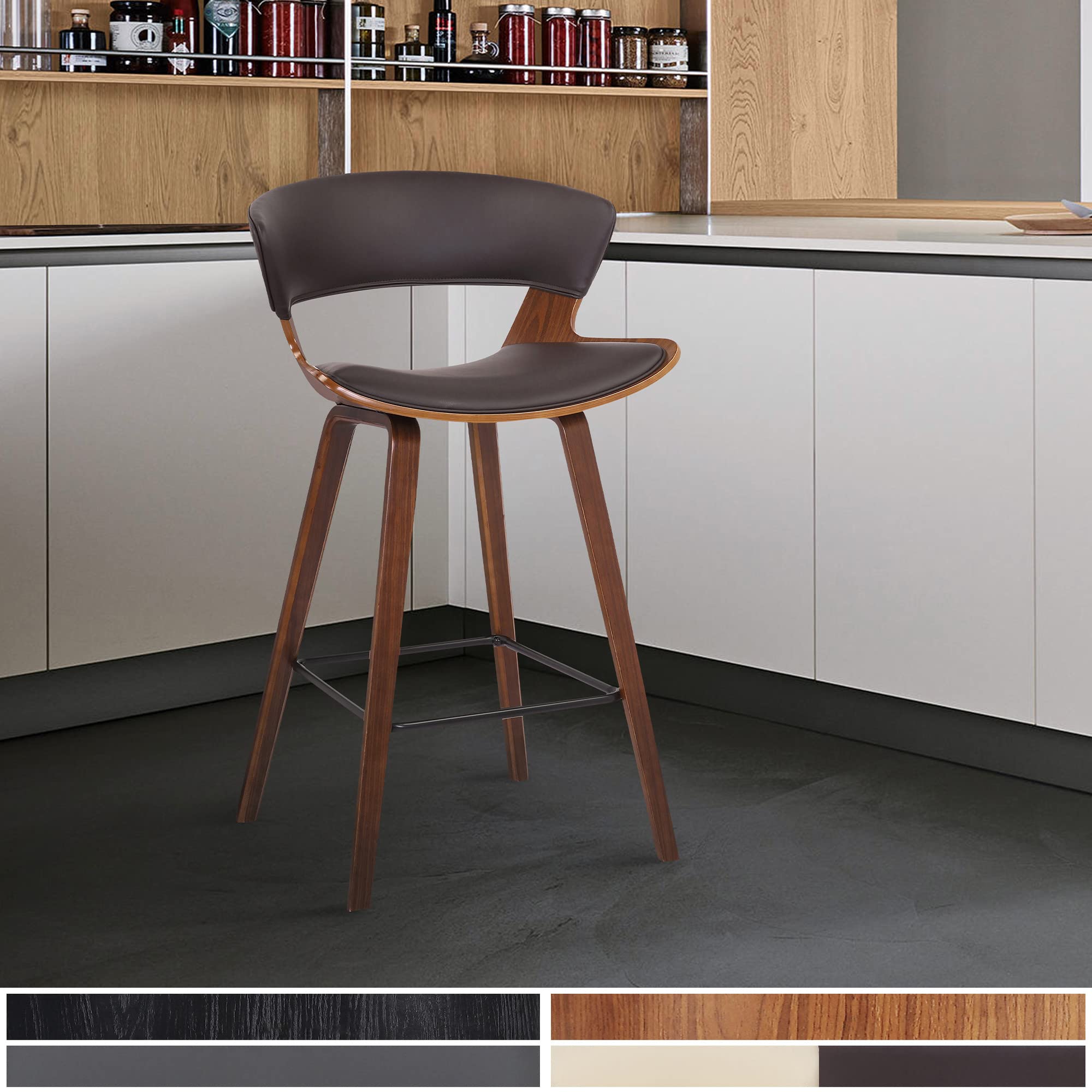 HomeRoots Metal, Wood, Faux Leather Dark Brown Faux Leather and Wood Modern Bar Stool