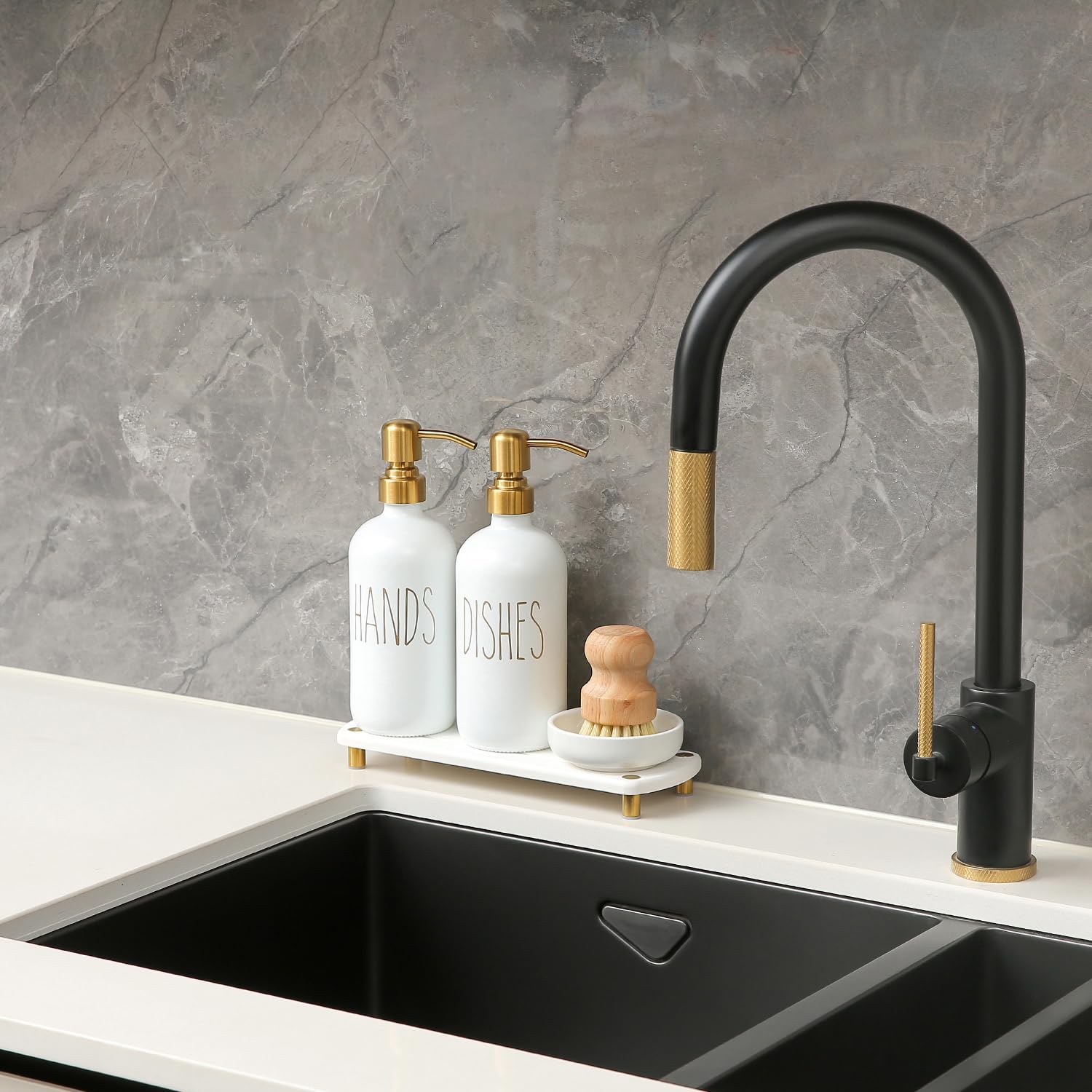 Momeemo Gold Soap Dispenser Set Comes With Stainless Steel Pumps, Instant Dry Tray, And Dish Scrub Brush, Suitable For Kitchen D