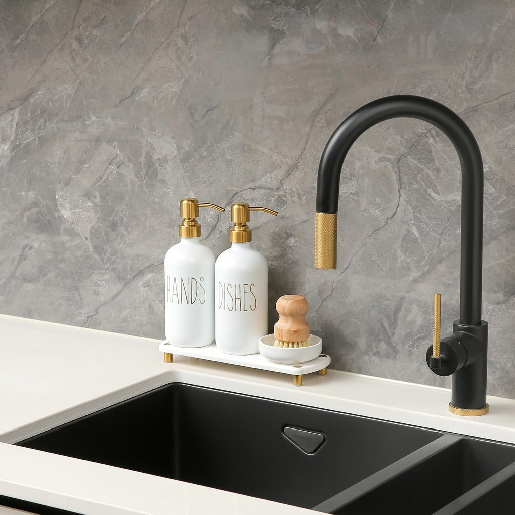 Momeemo Gold Soap Dispenser Set Comes With Stainless Steel Pumps, Instant Dry Tray, And Dish Scrub Brush, Suitable For Kitchen D