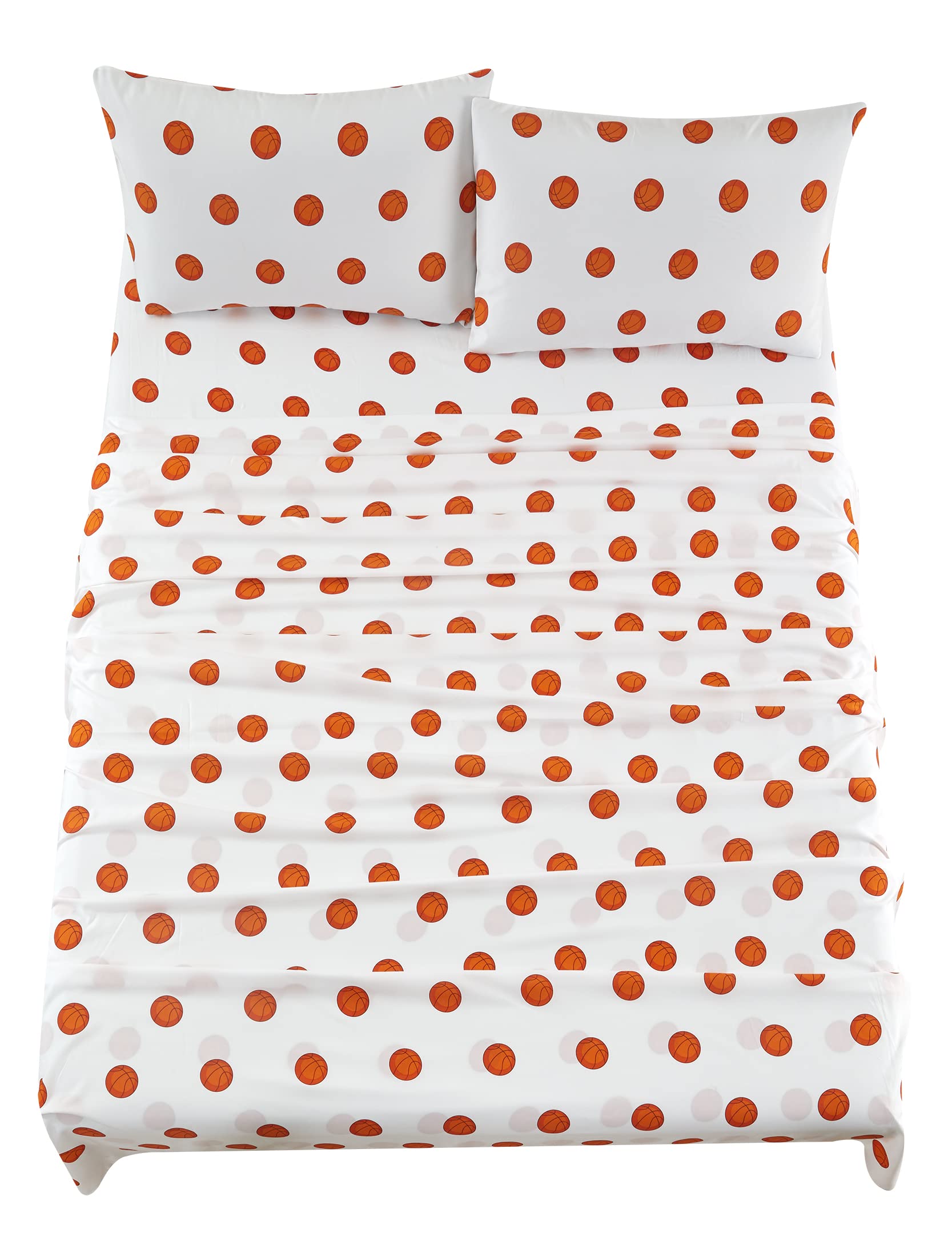 Chezmoi Collection 4-Piece Kids/Teens Sports Sheet Set - Soft Microfiber White Orange Basketball, Queen Size