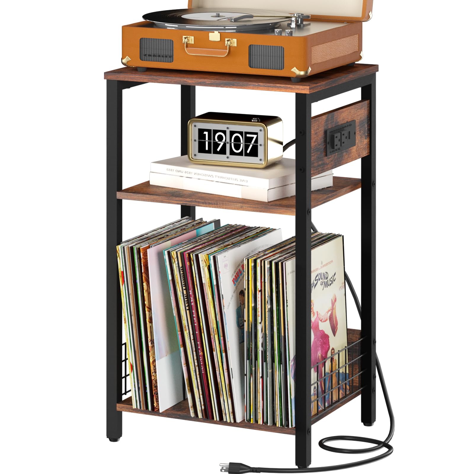 Yoobure Side Table with Charging Station, 3-Tier Record Player Stand, Small End Table Nightstand for Vinyl Storage, Tall Beside 