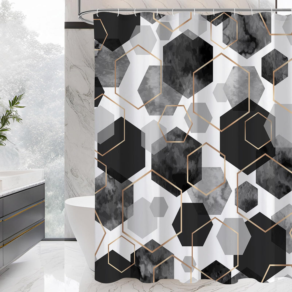 Litabel Modern Extra Long Shower Curtain For Bathroom, Black Geometric Art Decor Waterproof Bath Curtain, Abstract Fabric Shower
