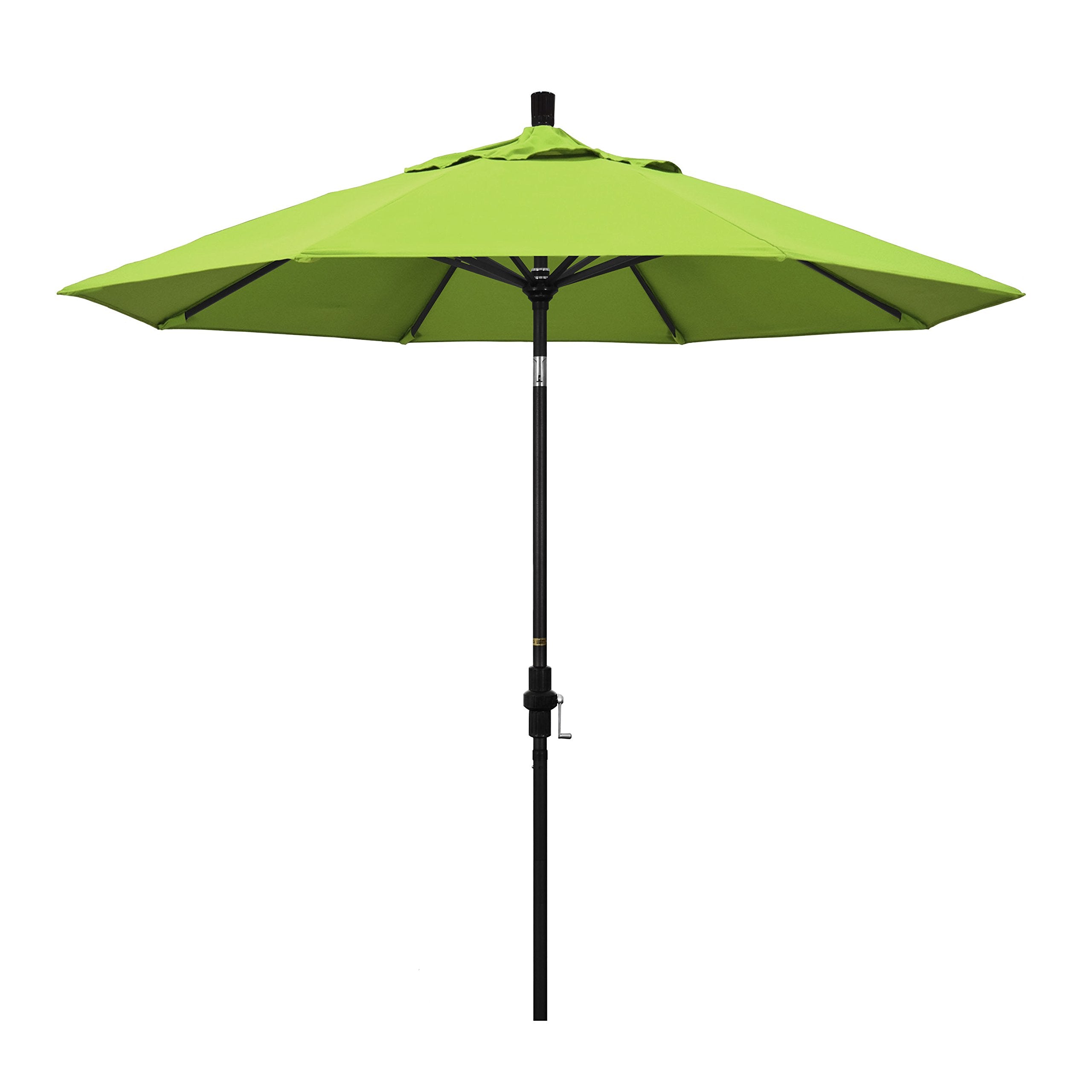 California Umbrella 9' Round Aluminum Market Umbrella, Crank Lift, Collar Tilt, Black Pole, Sunbrella Macaw