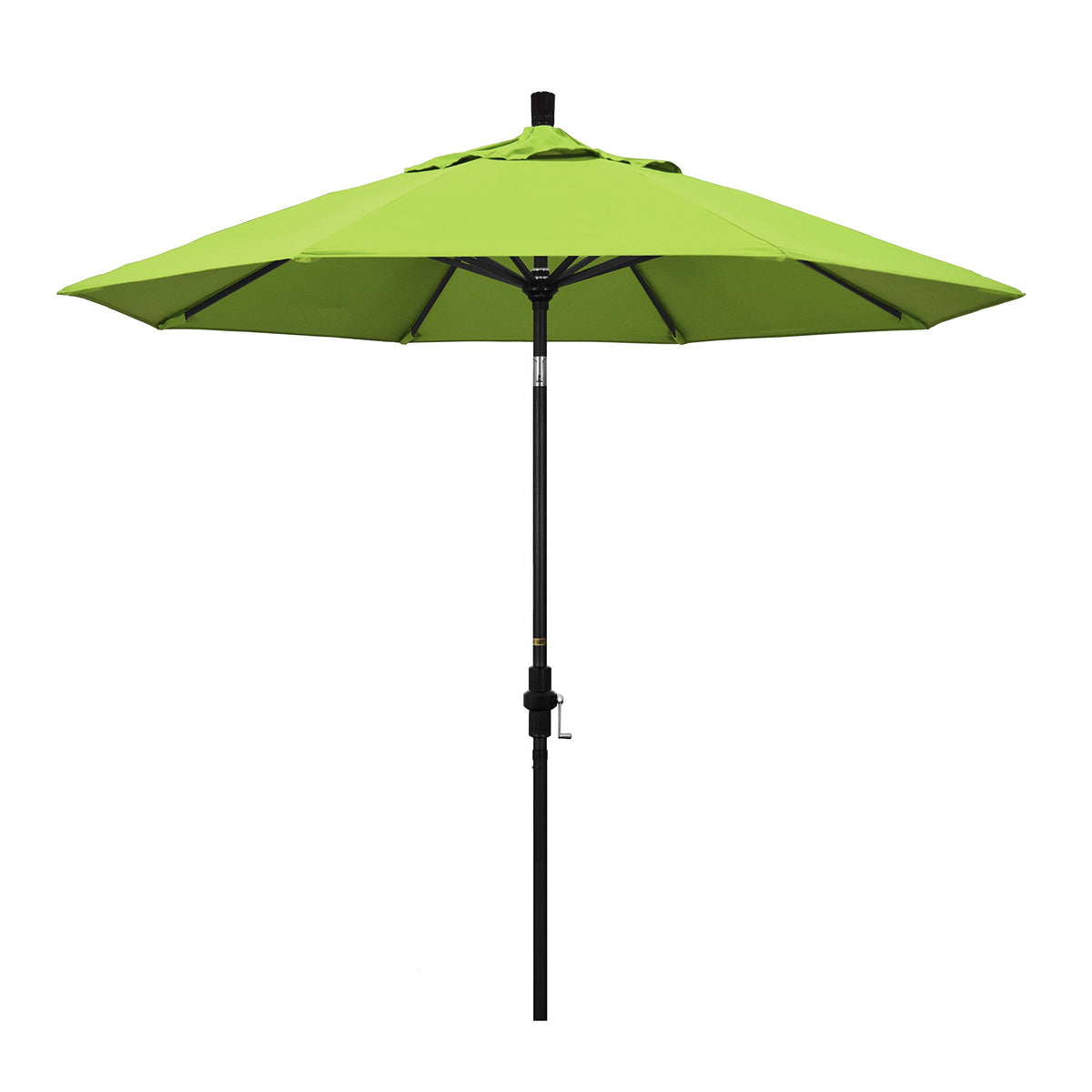 California Umbrella 9' Round Aluminum Market Umbrella, Crank Lift, Collar Tilt, Black Pole, Sunbrella Macaw