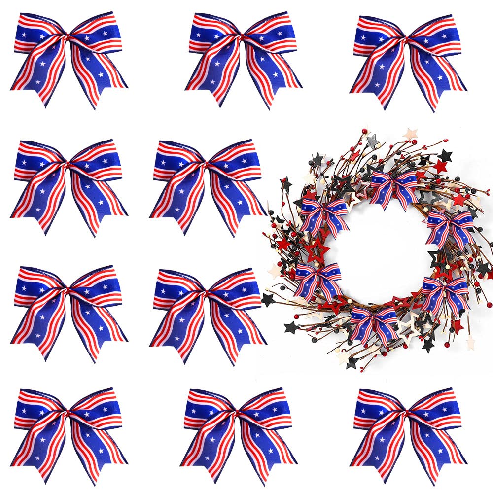 10PCS Patriotic Wreath Bows 4th of July Decor Bow Wave Strips Stars Burlap Bows for Wreaths, 4th of July Ribbon Bows for Indepen