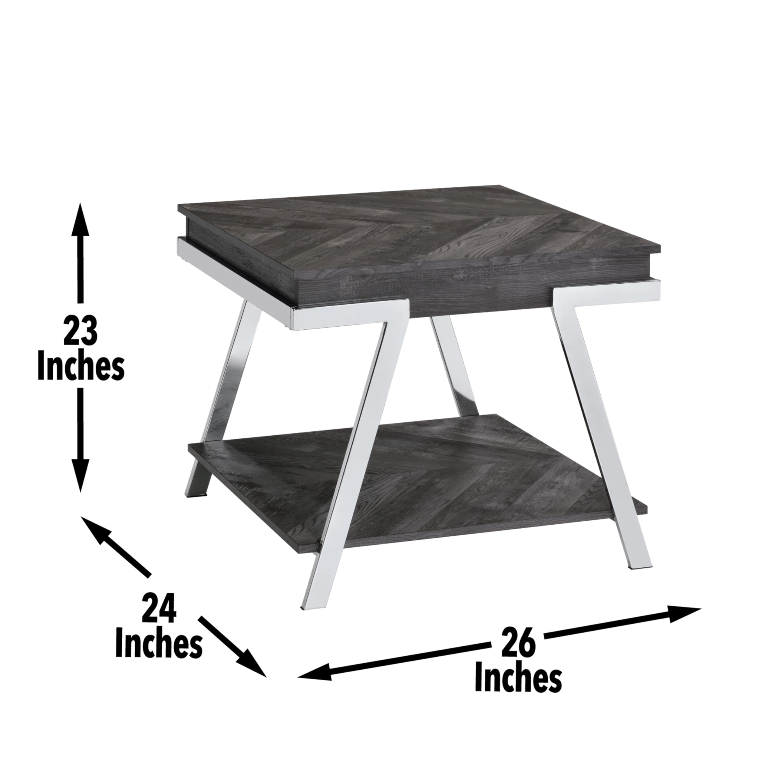 Steve Silver Roma End Table, Dark Grey/Chrome, for Living Room, Home Office, Contemporary Style, Bottom Storage, Living Space, 26 x 23.5 x 23.75, Grey/Silver