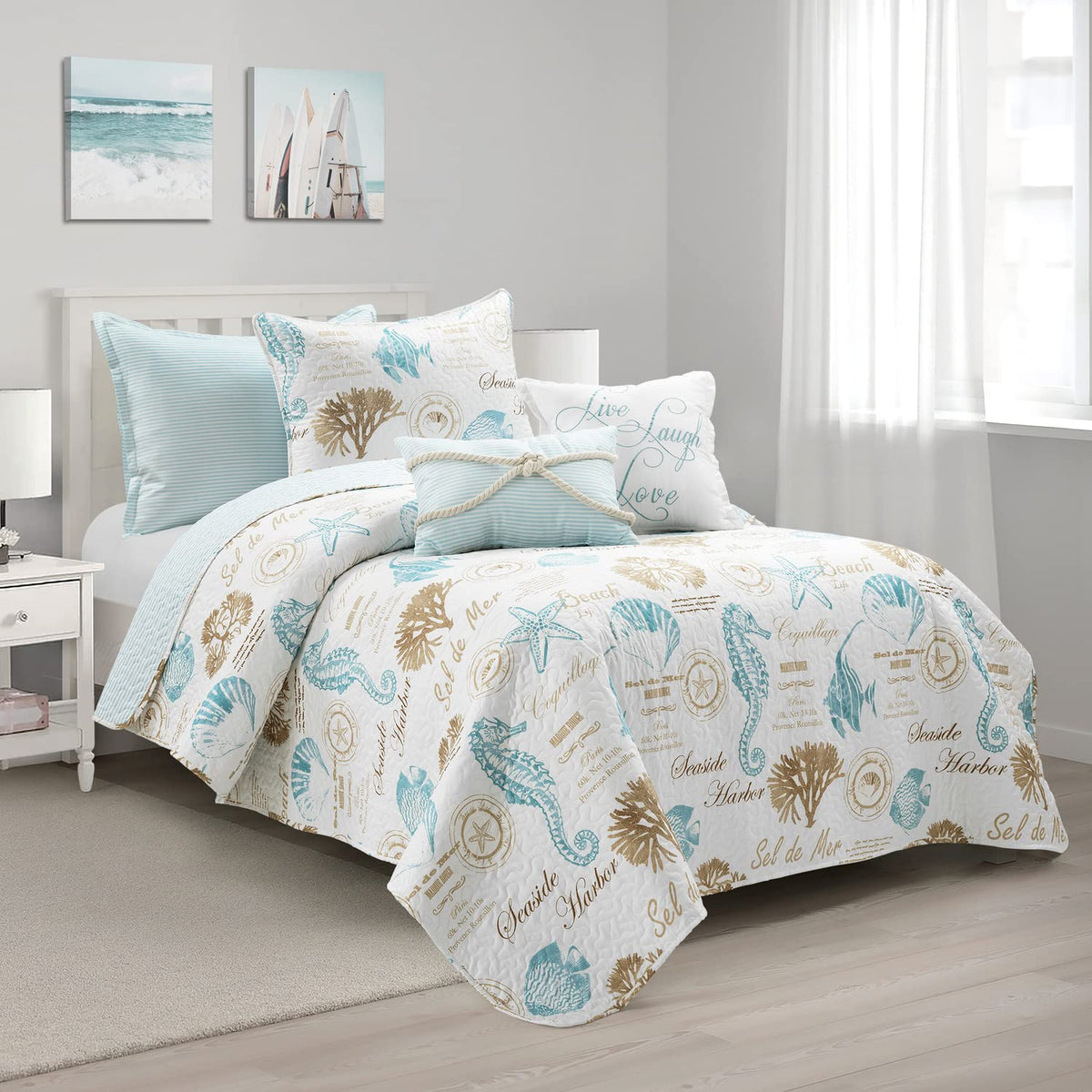 Lush Decor Harbor Life Reversible Quilt Set, 5 Piece Set, Twin/Twin Xl, Blue & Taupe - Striped Nautical Quilt - Coastal Bedding