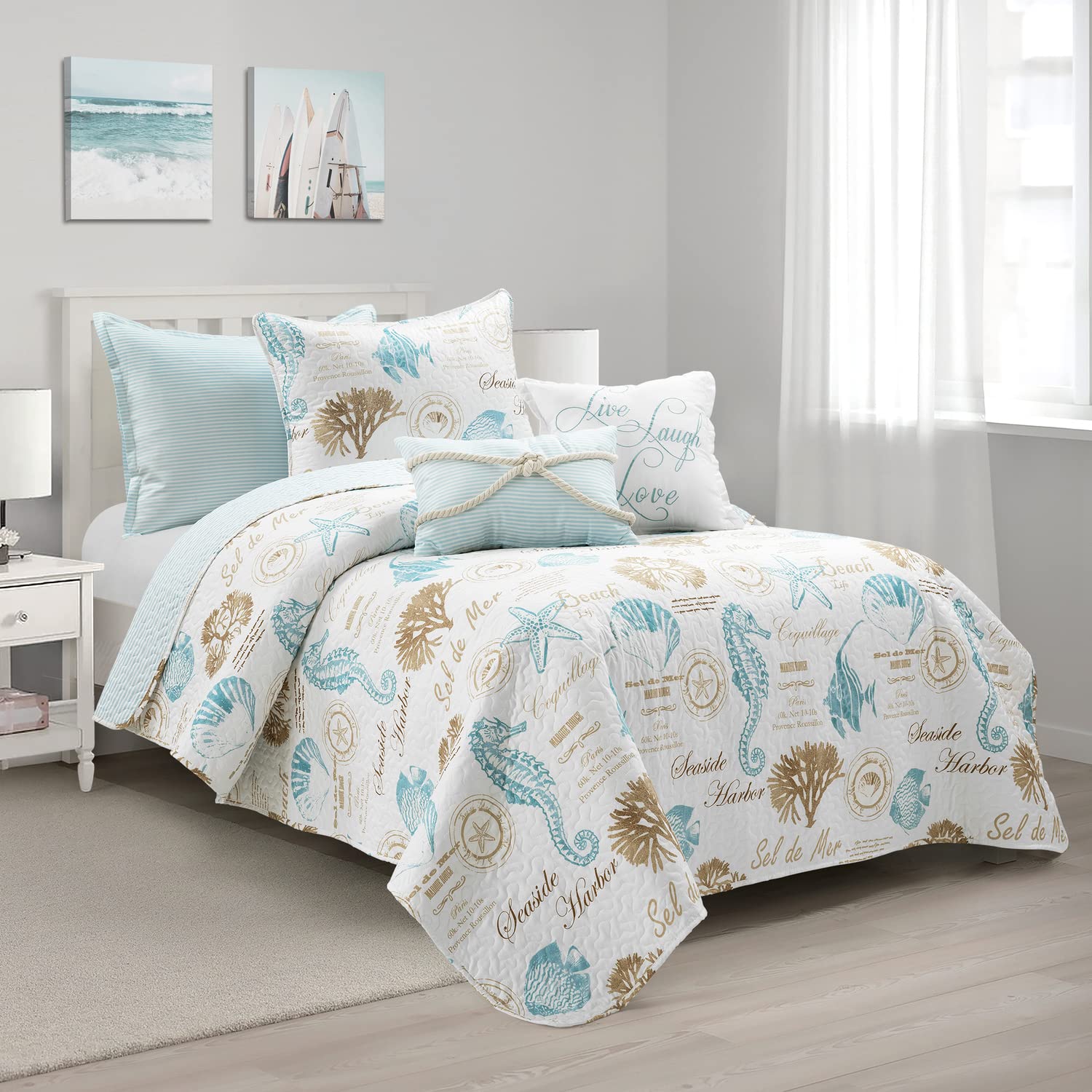 Lush Decor Harbor Life Reversible Quilt Set, 5 Piece Set, Twin/Twin Xl, Blue & Taupe - Striped Nautical Quilt - Coastal Bedding