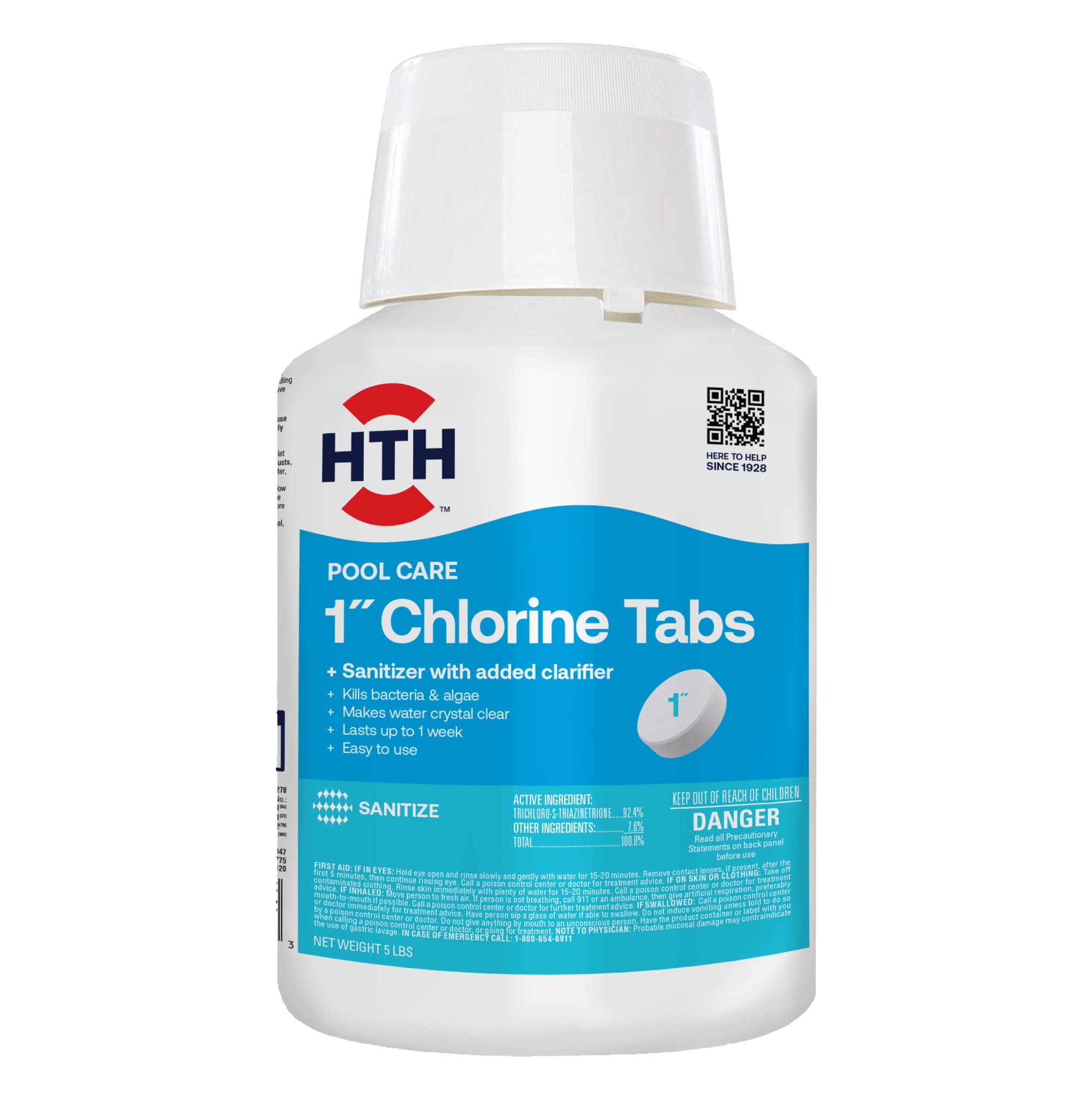 Hth 42047 Swimming Pool Care 1' Chlorine Tabs, Swimming Pool Chlorinating Sanitizer, 5Lb