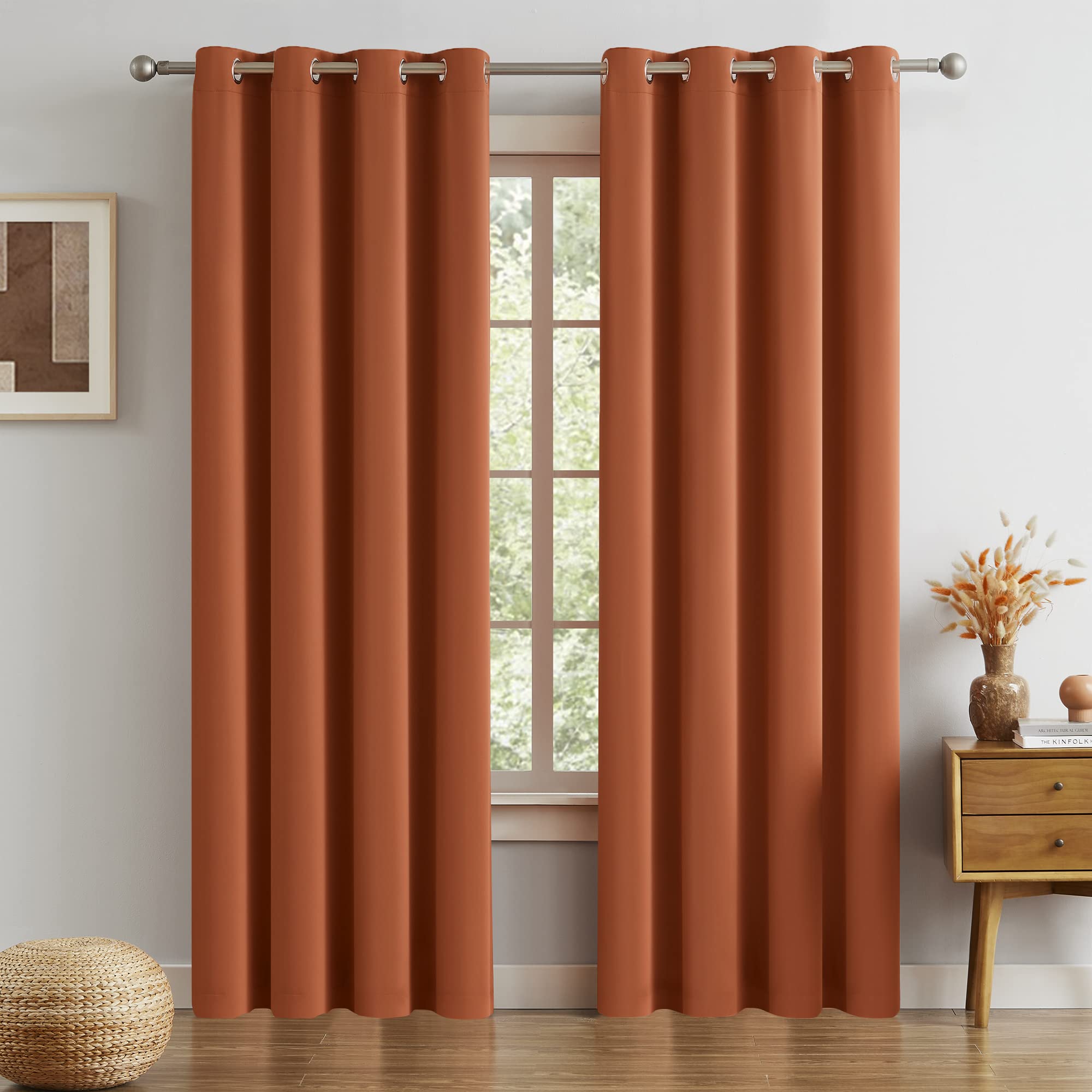Dualife Rust Blackout Curtain For Living Room 108 Inches Long Burnt Orange Solid Curtains For Bedroom Thermal Insulated Grommet