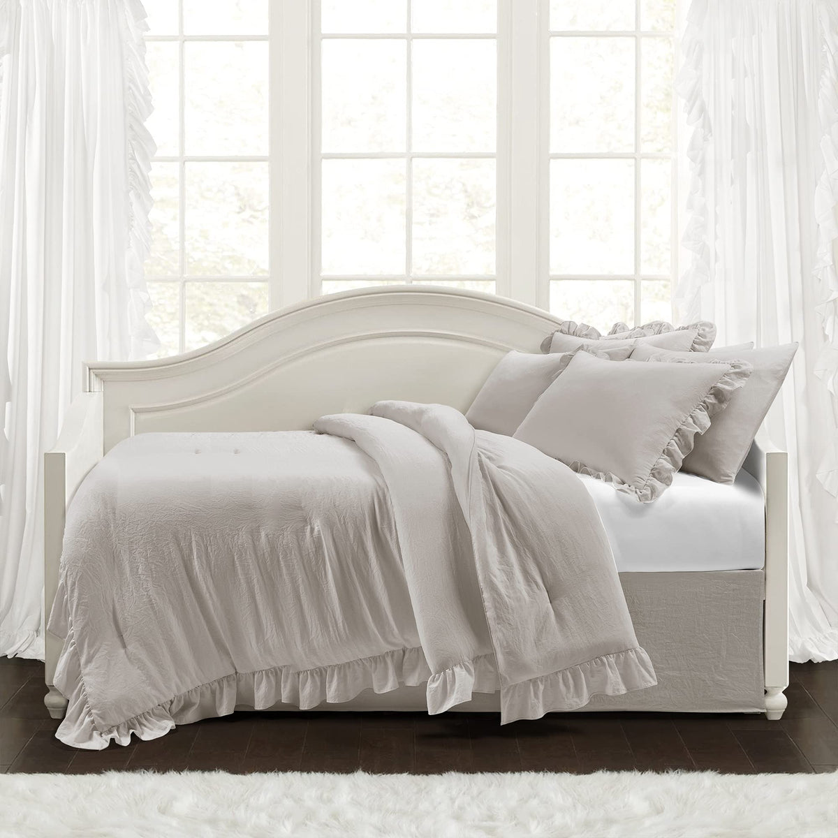 Lush Decor Reyna Ruffle Daybed Set - 6 Piece Cozy Ruffled Bedding Set - Timeless Elegance And Comfort - 68'' W X 92'' L, Light G