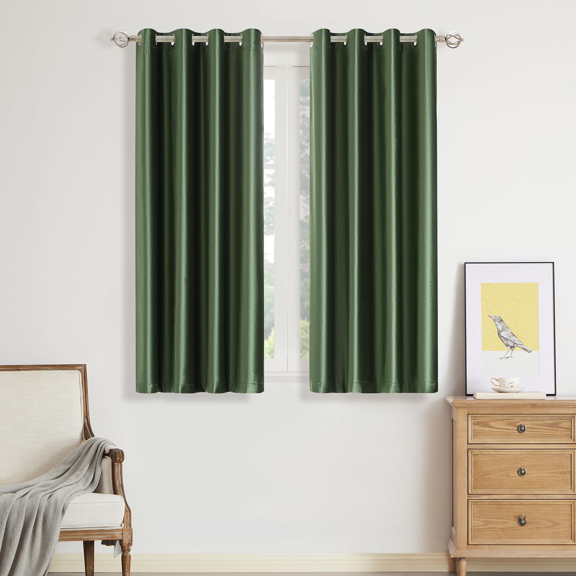 Bulbul Velvet Emerald Olive Green Curtains 63 Inch Length- Living Room Blackout Thermal Window Drapes Darkening Decor Grommet Cu