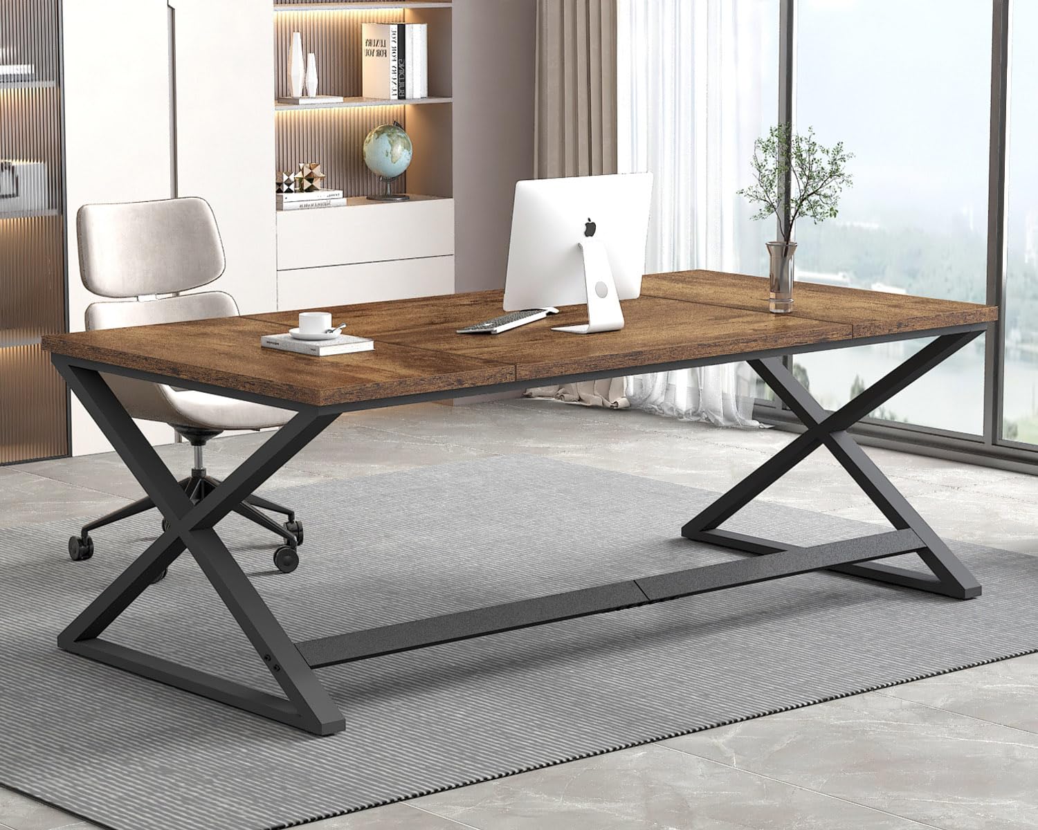 IBF 70.8 Rustic Computer Desk, Extra Long Wood Office Desk for Home, Industrial Metal Large Work Study Writing Table, Dual Monit