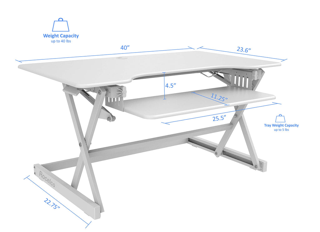 Rocelco 40" Large Height Adjustable Standing Desk Converter with Dual Monitor Stand BUNDLE - Quick Sit Stand Up Computer Workstation Riser - Retractable Keyboard Tray - White (R DADRW-40-DMS)