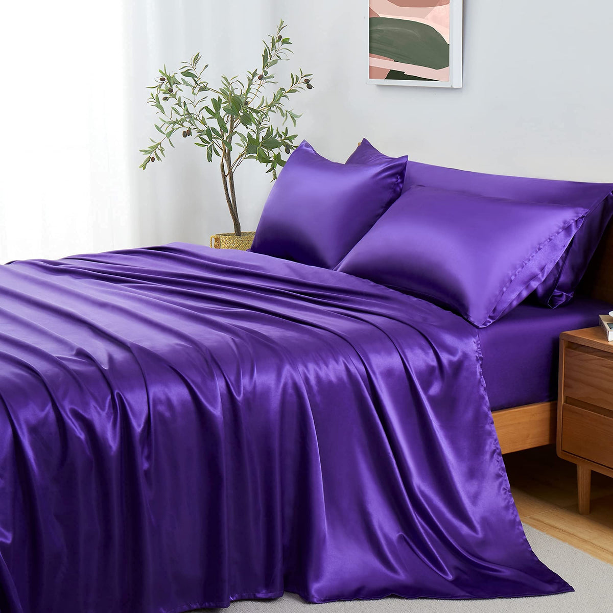 Entisn 4Pcs Silky Satin Sheets Set, Twin Size Satin Bed Sheets Set, Purple Luxury Bedding Sets, Breathable & Ultra Soft Sheets S