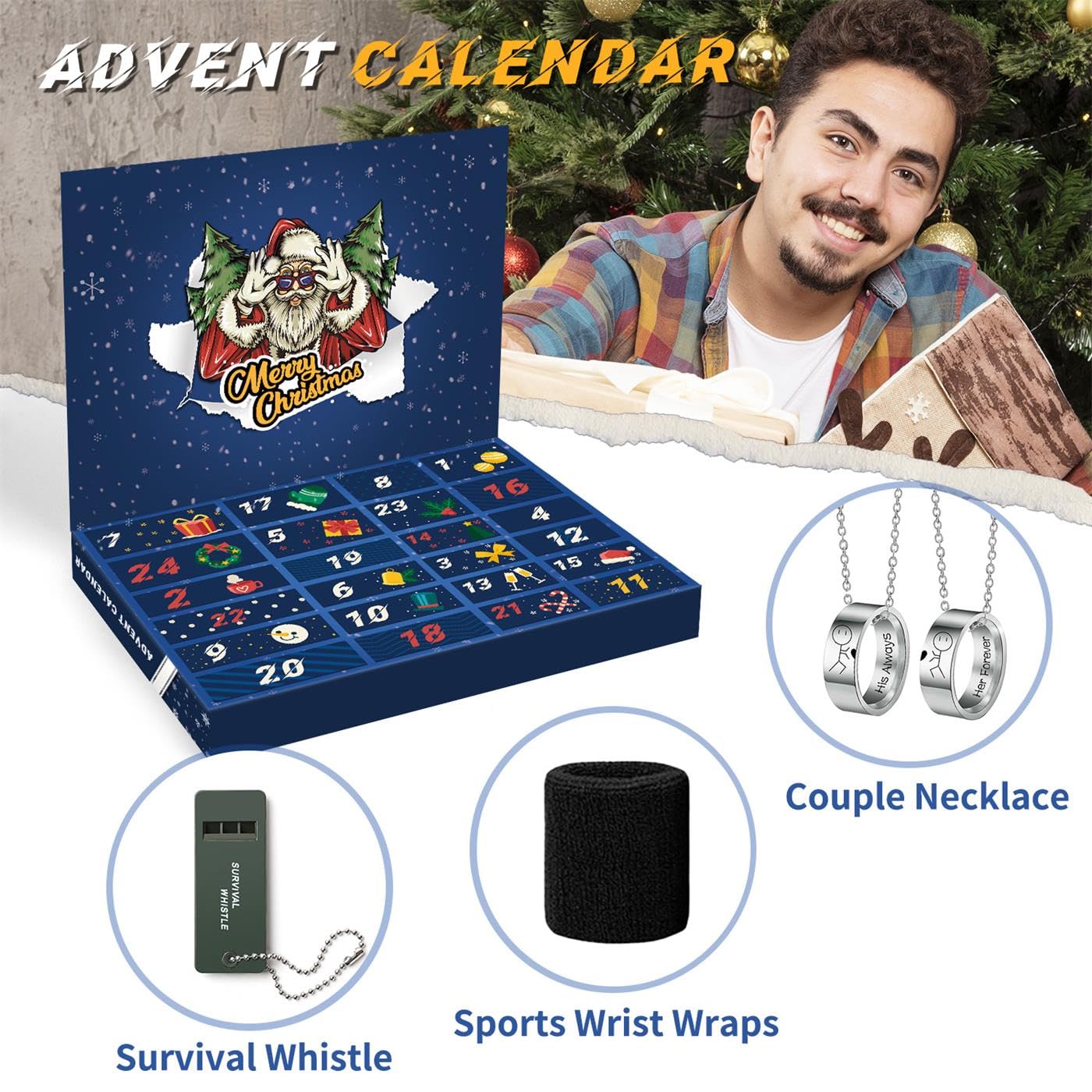 Movinpe Gadget Advent Calendar For Men Teenage Boys, 2024 Christmas Gadgets Tools Funny Socks, Bottle Opener, Sleep Mask, Neckla