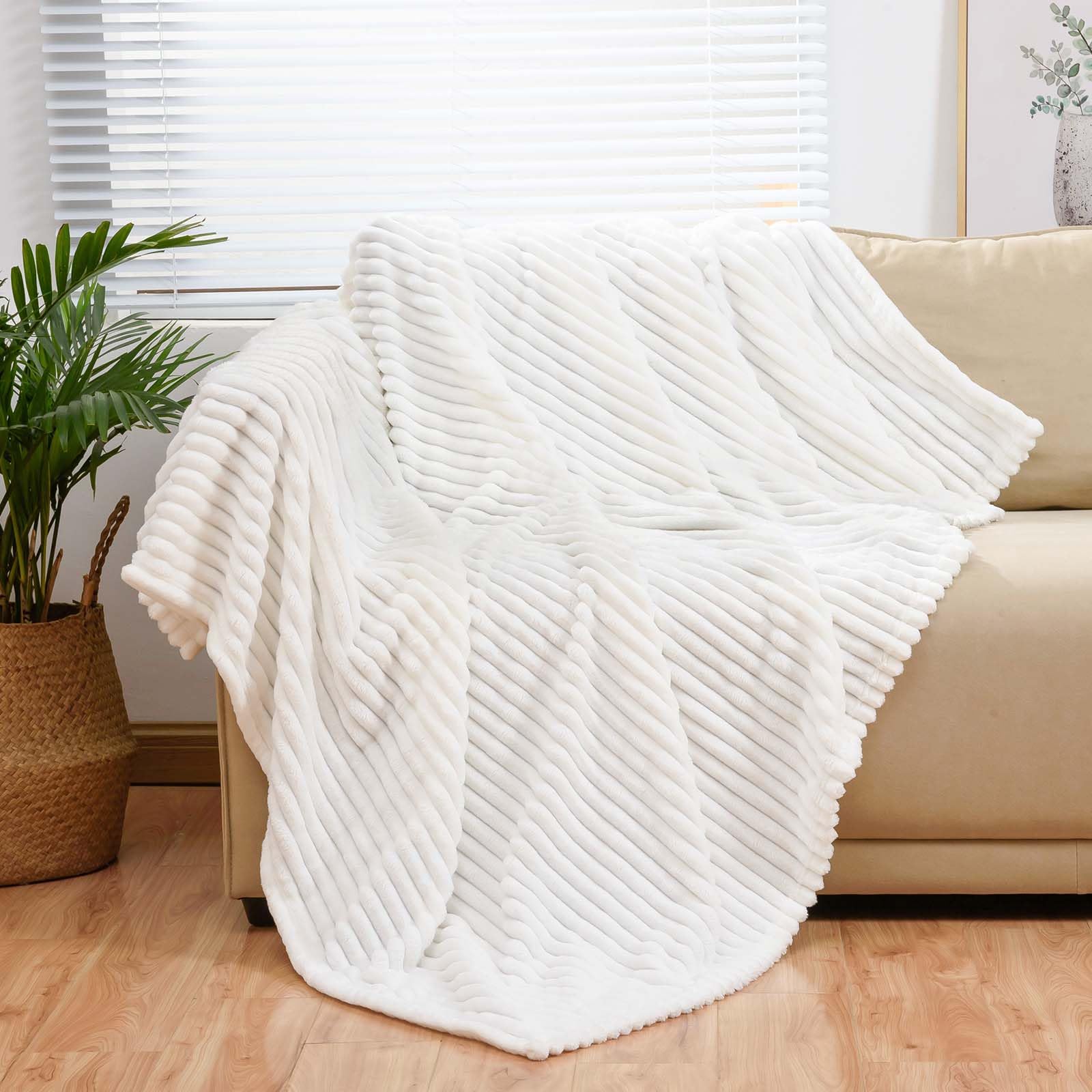 Bnuitland White Flannel Throw (60X80 Inches) With Storage Pouch,300Gsm Super Soft Fleece Stripe Pattern Sofa Blanket For Adults,