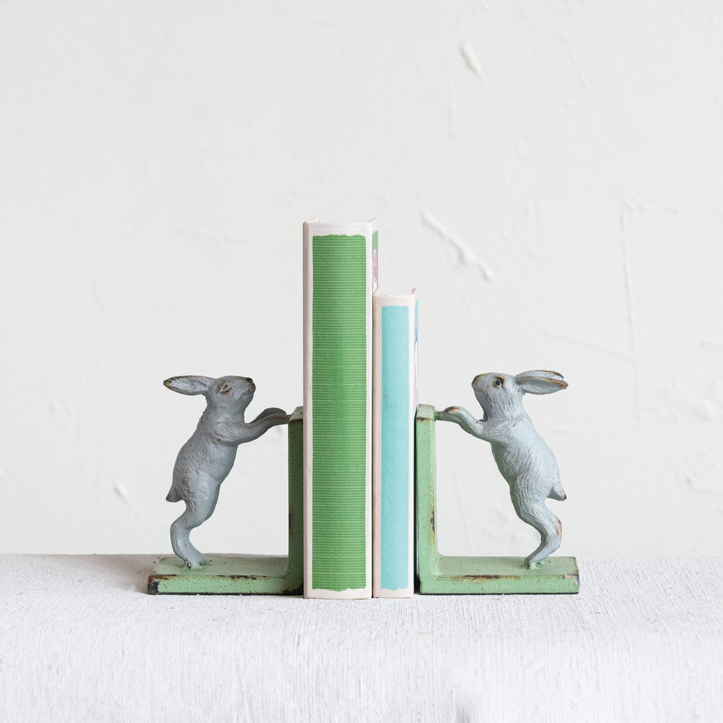 Creative Co-Op Decorative 2-Tone Cast Metal Rabbit Bookends, Green And Grey, Set Of 2