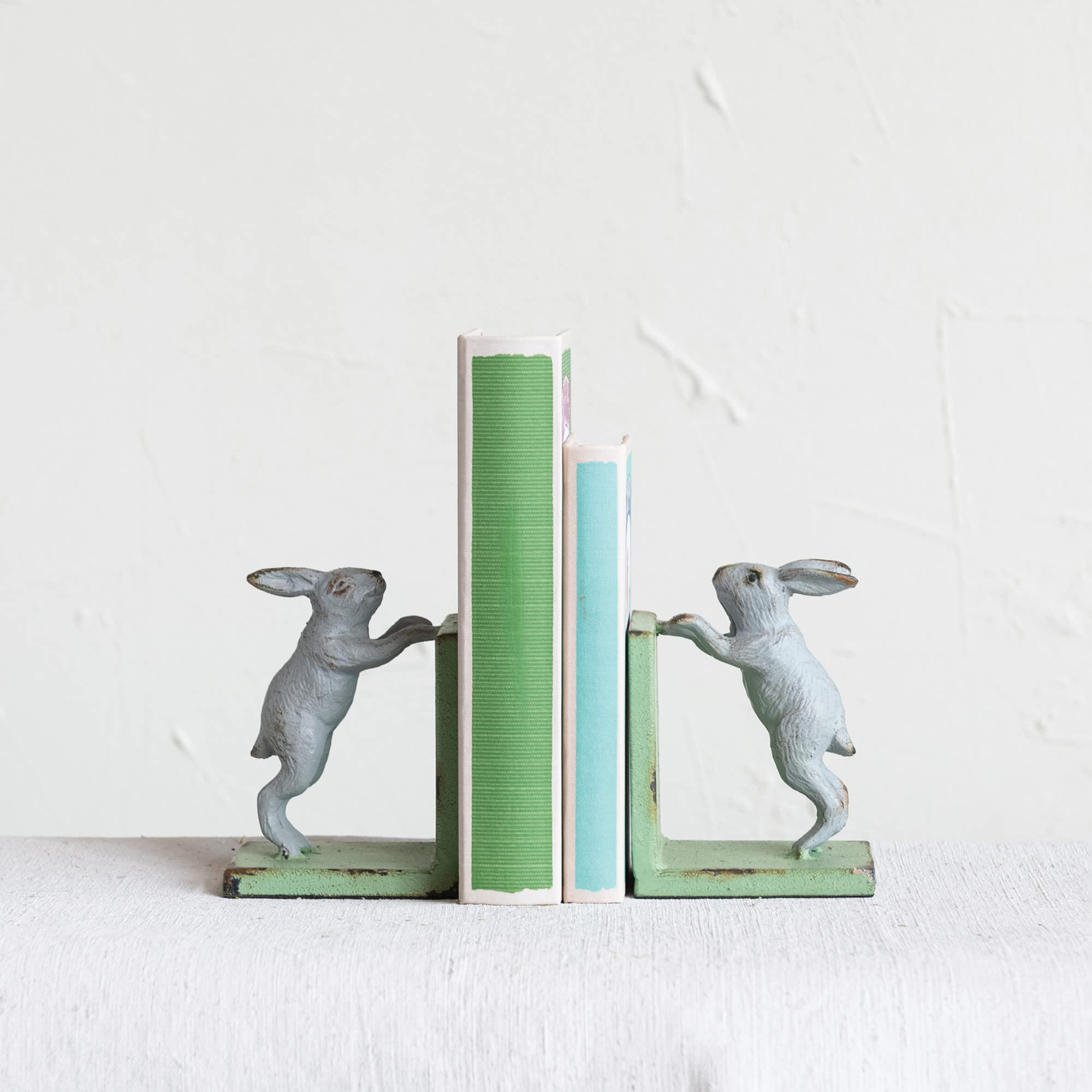 Creative Co-Op Decorative 2-Tone Cast Metal Rabbit Bookends, Green And Grey, Set Of 2