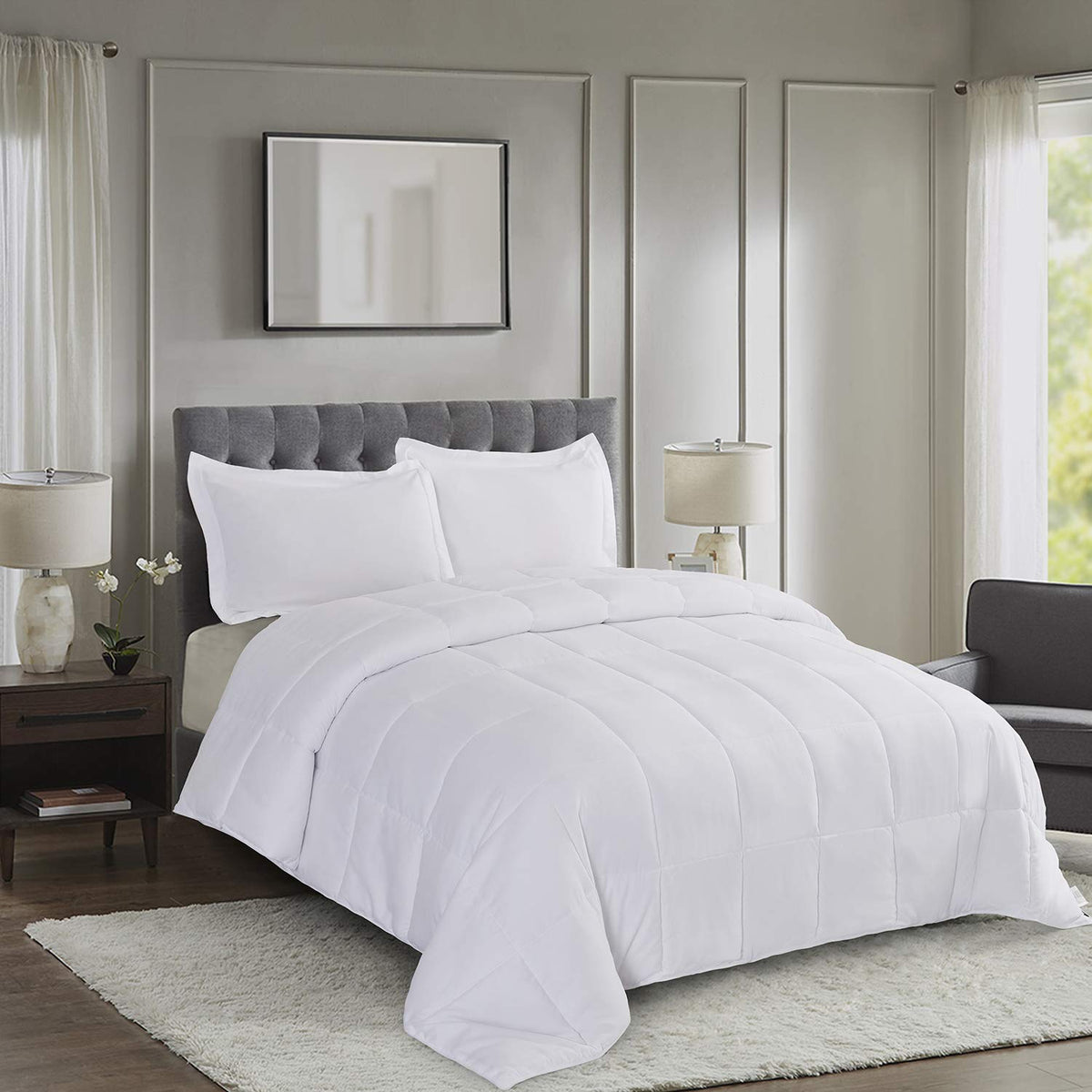 Hig 3Pc Down Alternative Comforter Set - All Season Reversible Comforter With Two Sham - Quilted Duvet Insert With Corner Tabs -