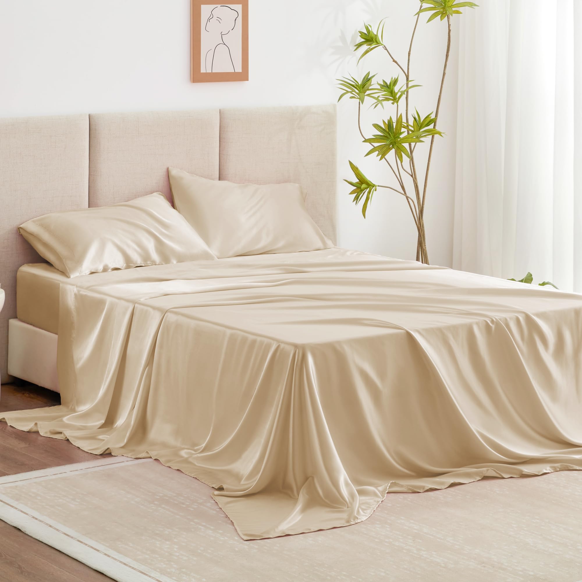 Love'S Cabin Twin Satin Sheets Sets - 3 Piece Beige Silky Satin Bed Sheets Twin With Deep Pockets, Luxury Silk Feel Satin Twin Size Sheet Set Bedding Set (1 Flat Sheet,1 Fitted Sheet,1 Pillow Case)