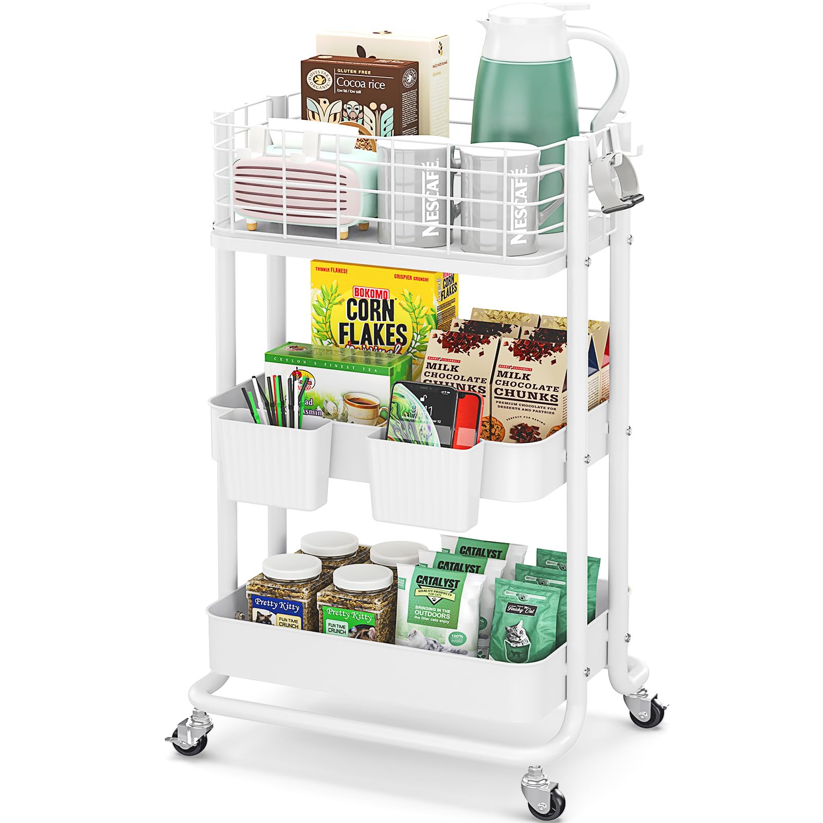 Kingrack 3 Tier Rolling Cart, Metal Mobile Storage Shelf With Lockable Wheels, Utility Trolley Cart With Wheels, Storage Organiz